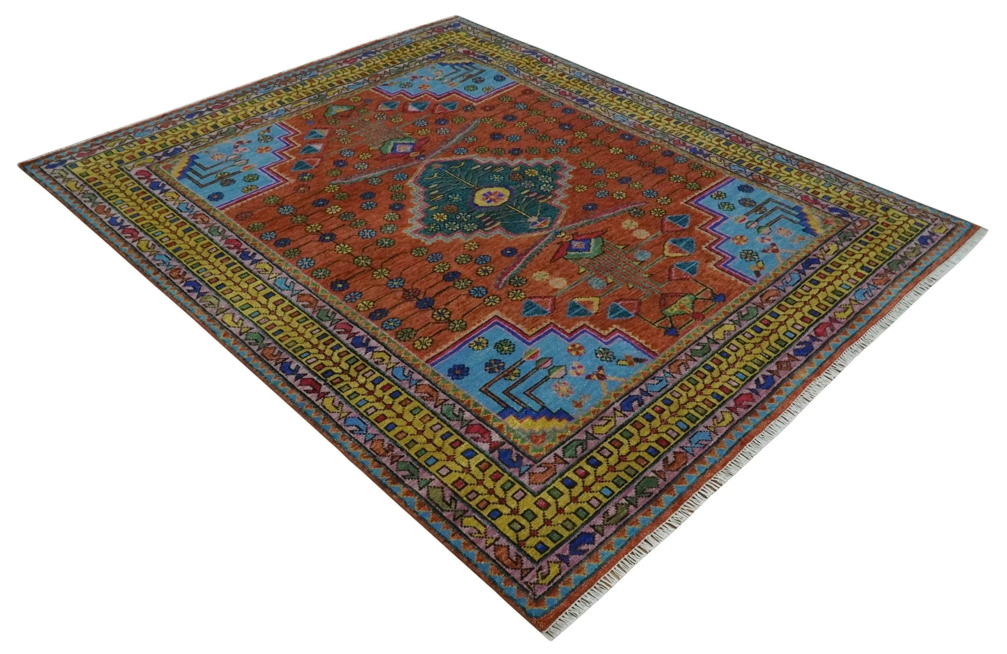 Hand Knotted Green, Rust, Yellow, Pink and Blue Traditional Floral 8x10 Wool Area Rug - Image 9