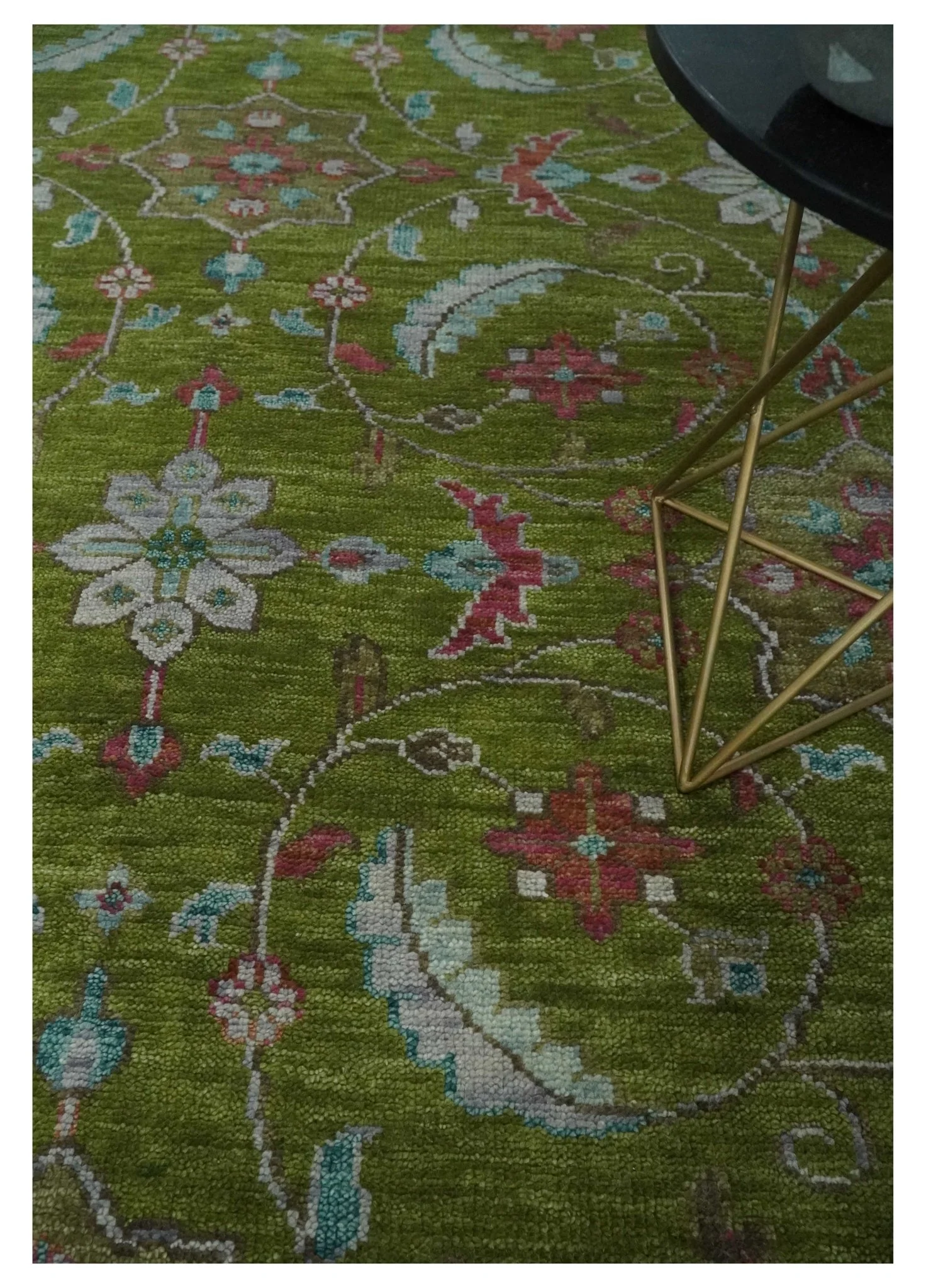 Custom Made Hand Knotted Green, Silver and Maroon Traditional Wool Area Rug - Image 2