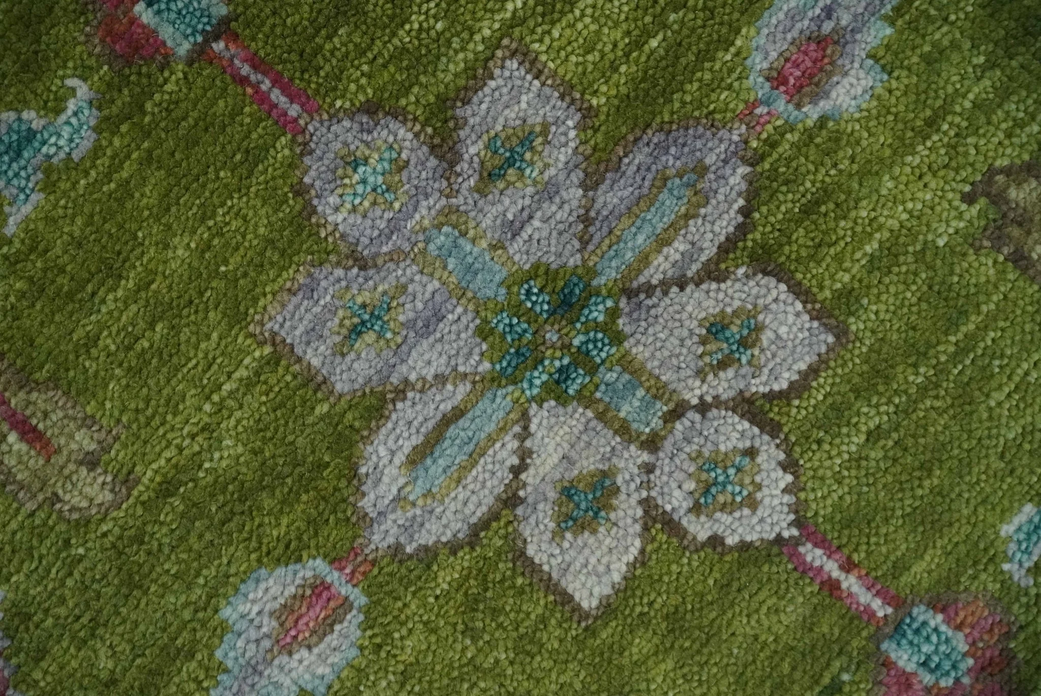 Custom Made Hand Knotted Green, Silver and Maroon Traditional Wool Area Rug - Image 4