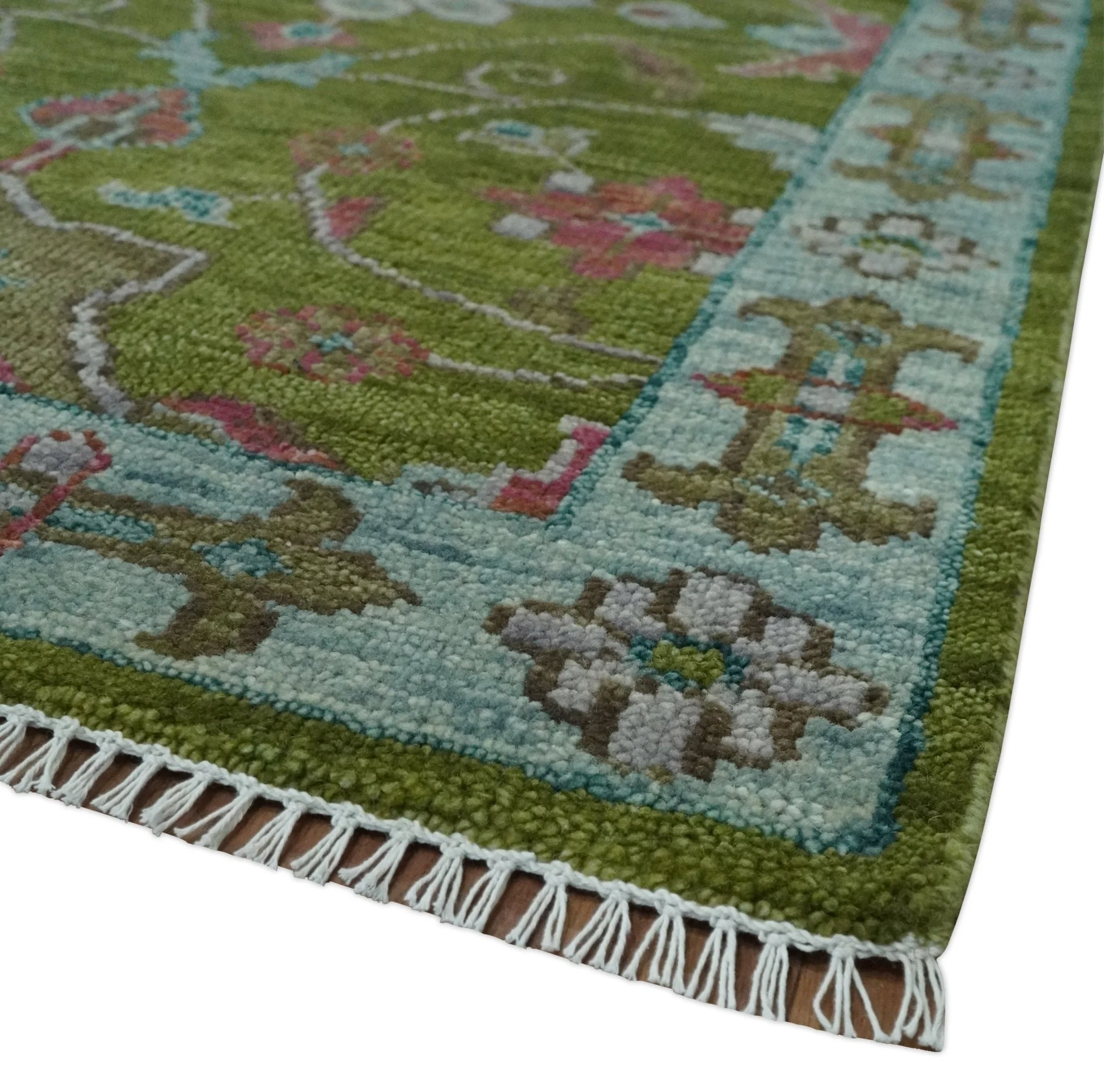 Custom Made Hand Knotted Green, Silver and Maroon Traditional Wool Area Rug - Image 5
