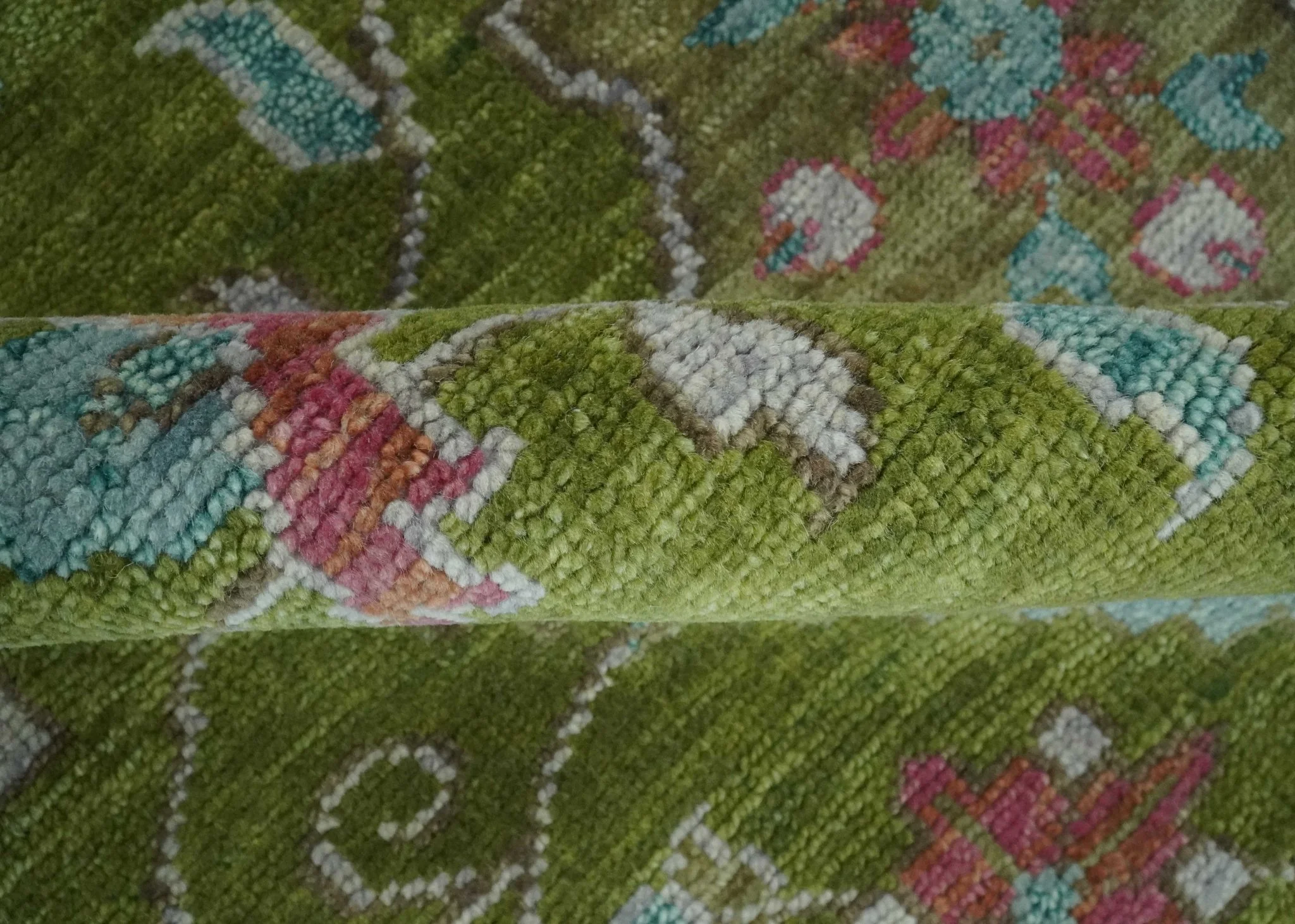 Custom Made Hand Knotted Green, Silver and Maroon Traditional Wool Area Rug - Image 6