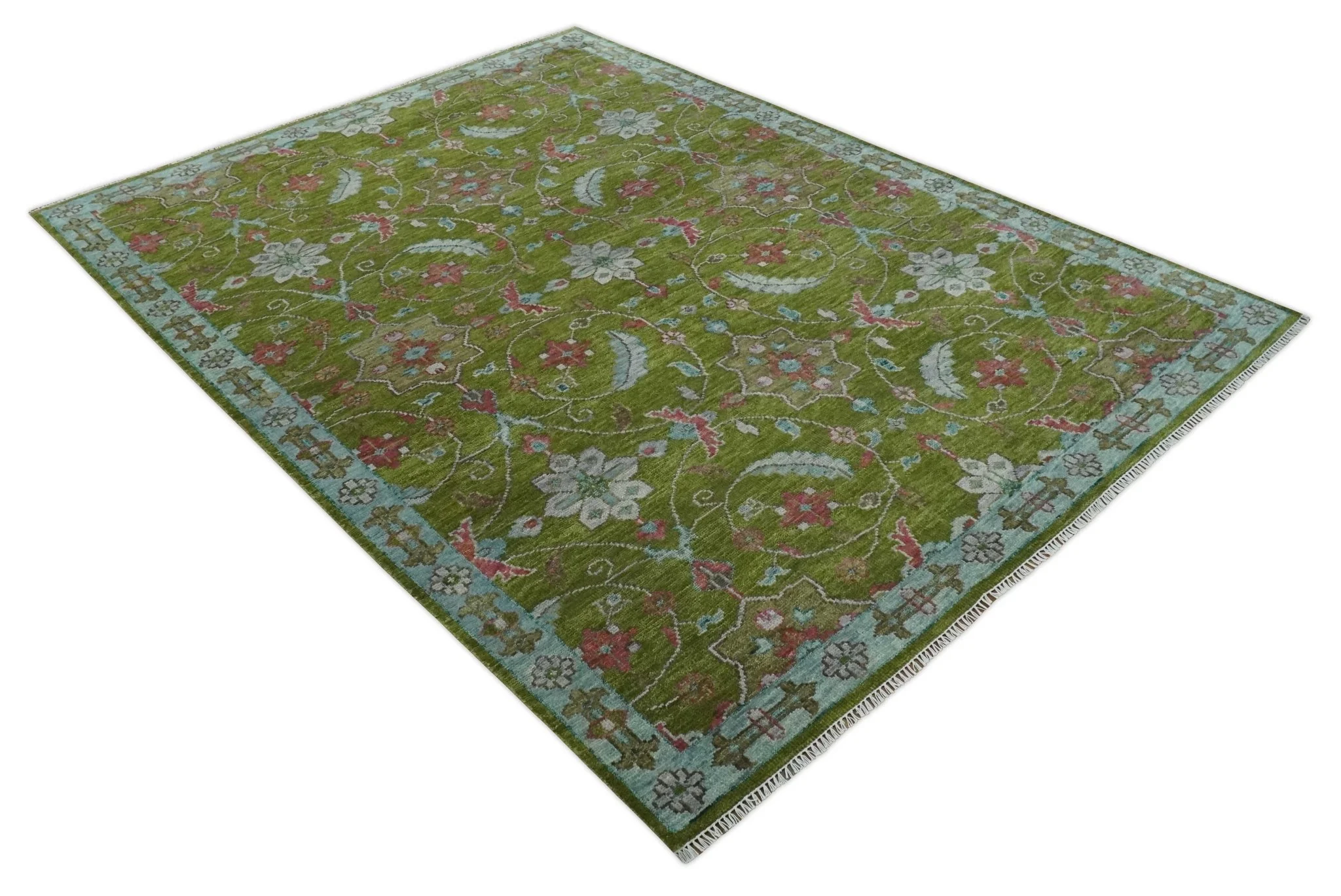 Custom Made Hand Knotted Green, Silver and Maroon Traditional Wool Area Rug - Image 9