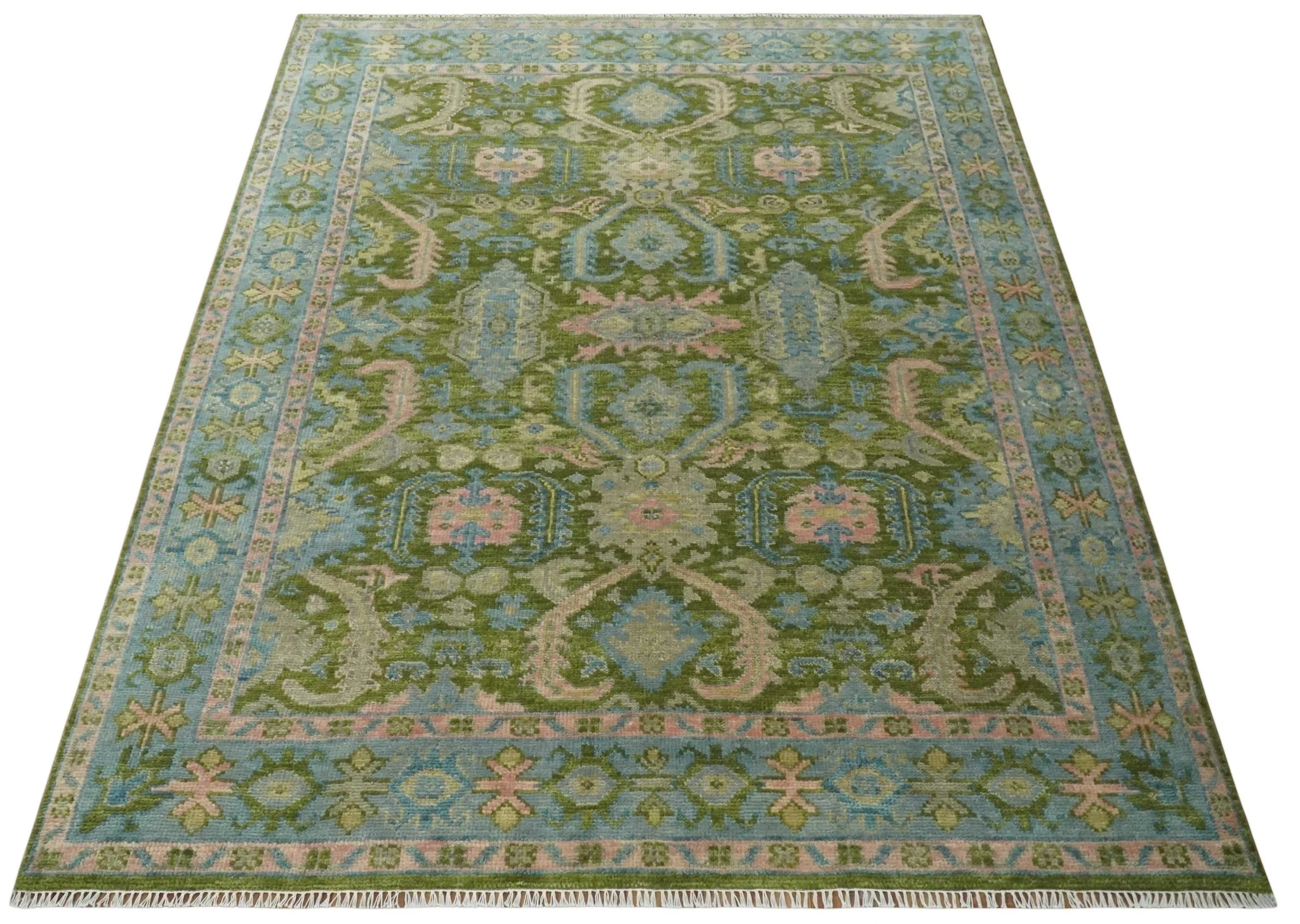 Custom Made Hand Knotted Green, Silver and Peach Traditional Oushak Wool Area Rug - Image 10