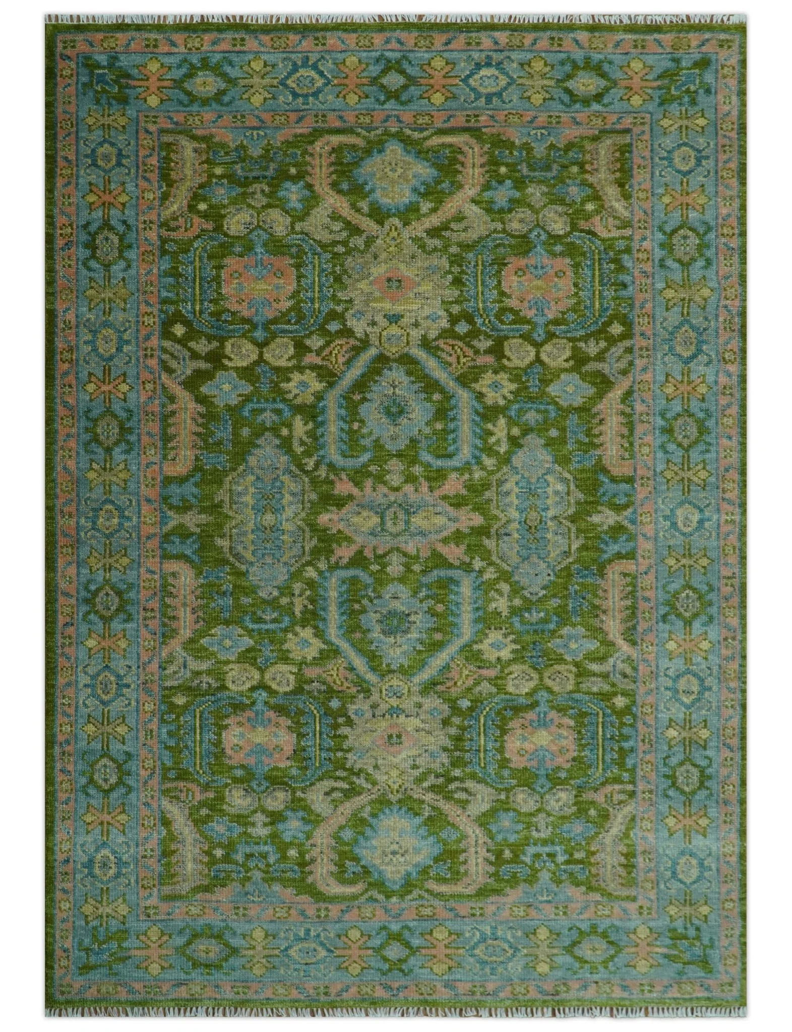 Custom Made Hand Knotted Green, Silver and Peach Traditional Oushak Wool Area Rug - Image 11