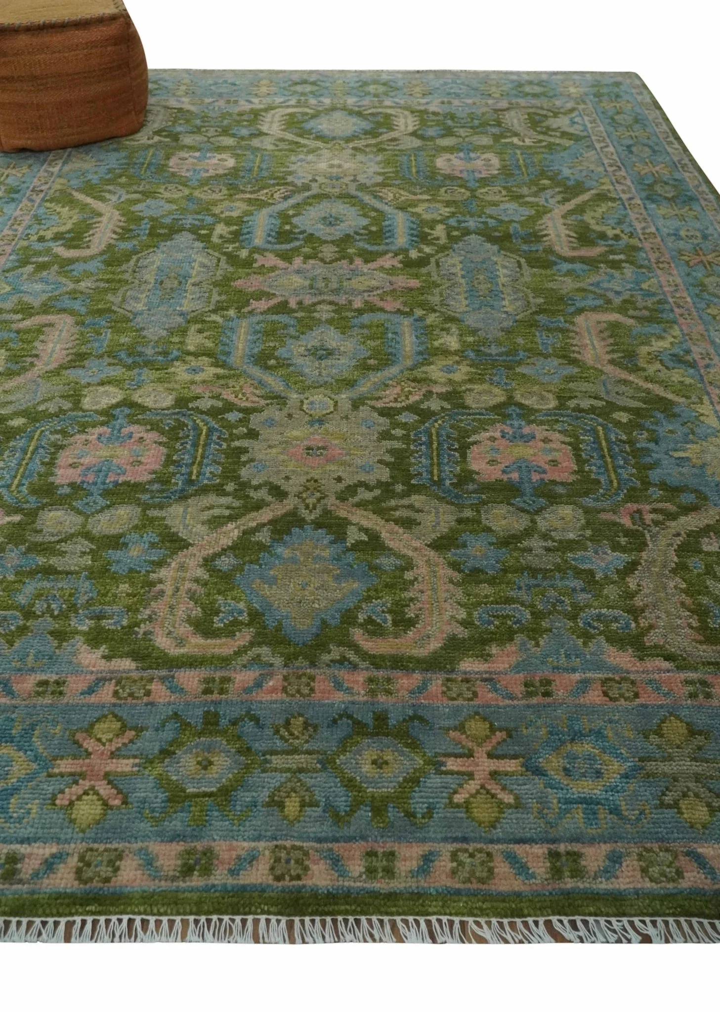 Custom Made Hand Knotted Green, Silver and Peach Traditional Oushak Wool Area Rug - Image 3