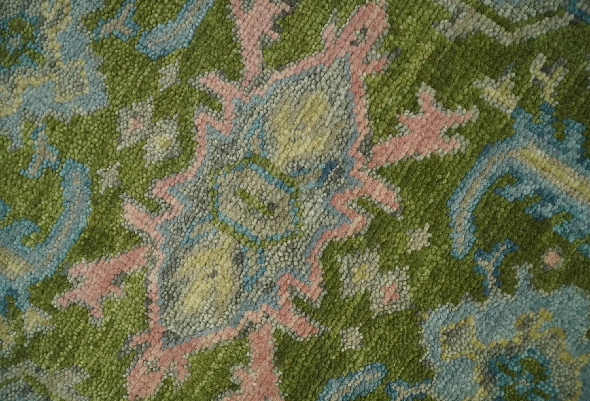 Custom Made Hand Knotted Green, Silver and Peach Traditional Oushak Wool Area Rug - Image 4