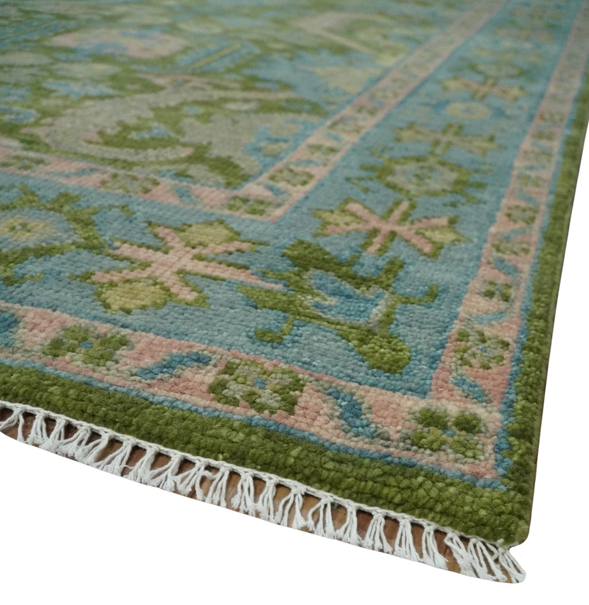 Custom Made Hand Knotted Green, Silver and Peach Traditional Oushak Wool Area Rug - Image 5