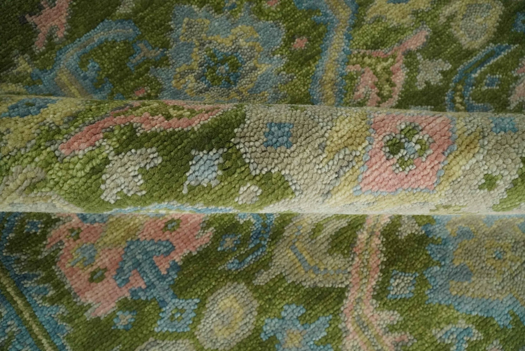 Custom Made Hand Knotted Green, Silver and Peach Traditional Oushak Wool Area Rug - Image 6