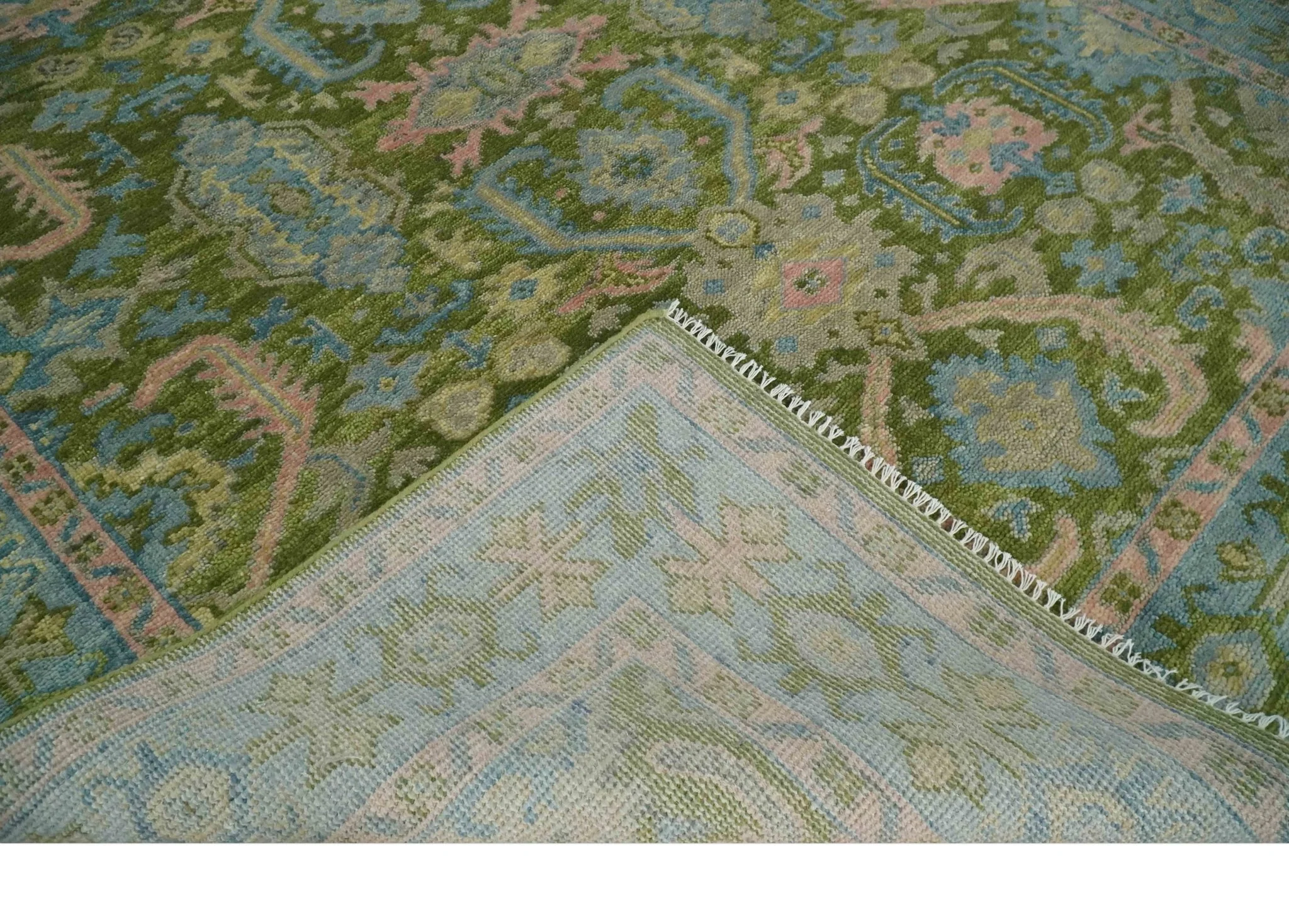 Custom Made Hand Knotted Green, Silver and Peach Traditional Oushak Wool Area Rug - Image 7
