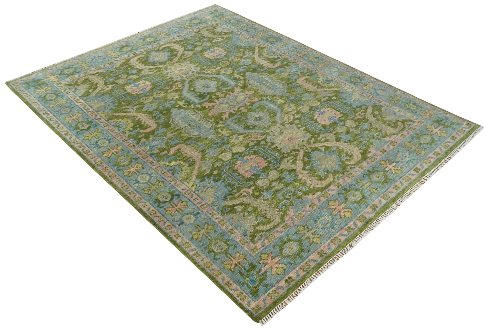 Custom Made Hand Knotted Green, Silver and Peach Traditional Oushak Wool Area Rug - Image 9