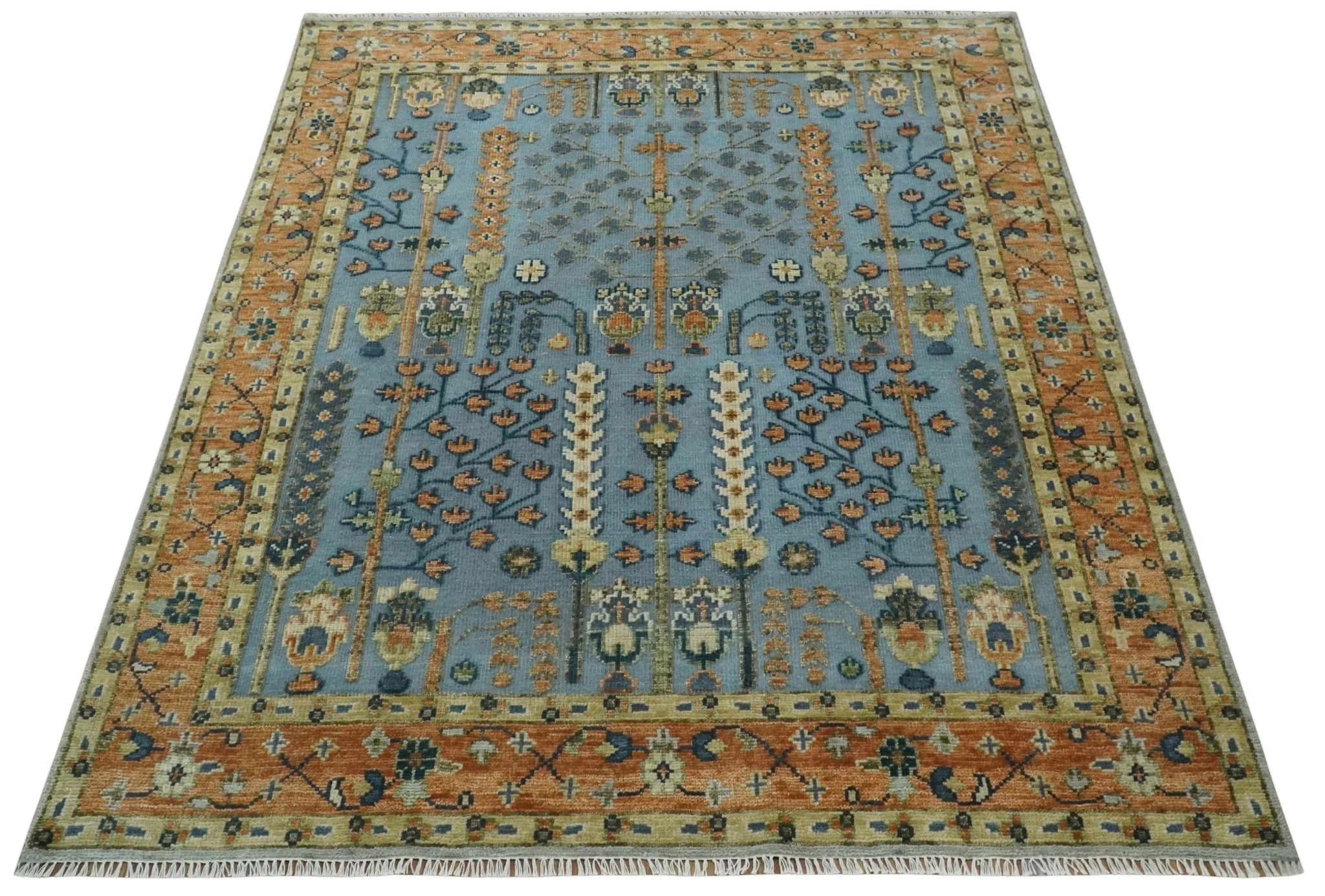 Custom Made Hand Knotted Blue and Rust Tree Design Low pile Wool Area Rug - Image 10