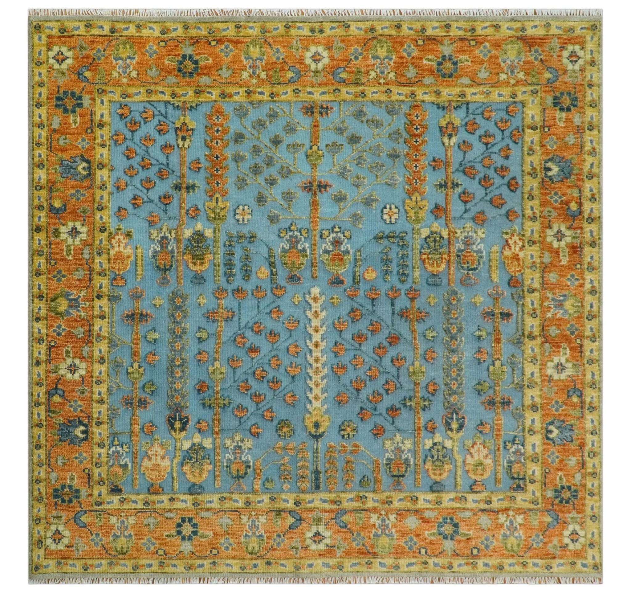 Custom Made Hand Knotted Blue and Rust Tree Design Low pile Wool Area Rug - Image 11