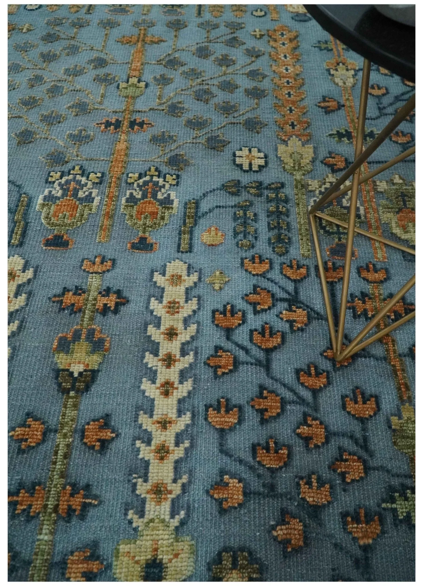 Custom Made Hand Knotted Blue and Rust Tree Design Low pile Wool Area Rug - Image 2