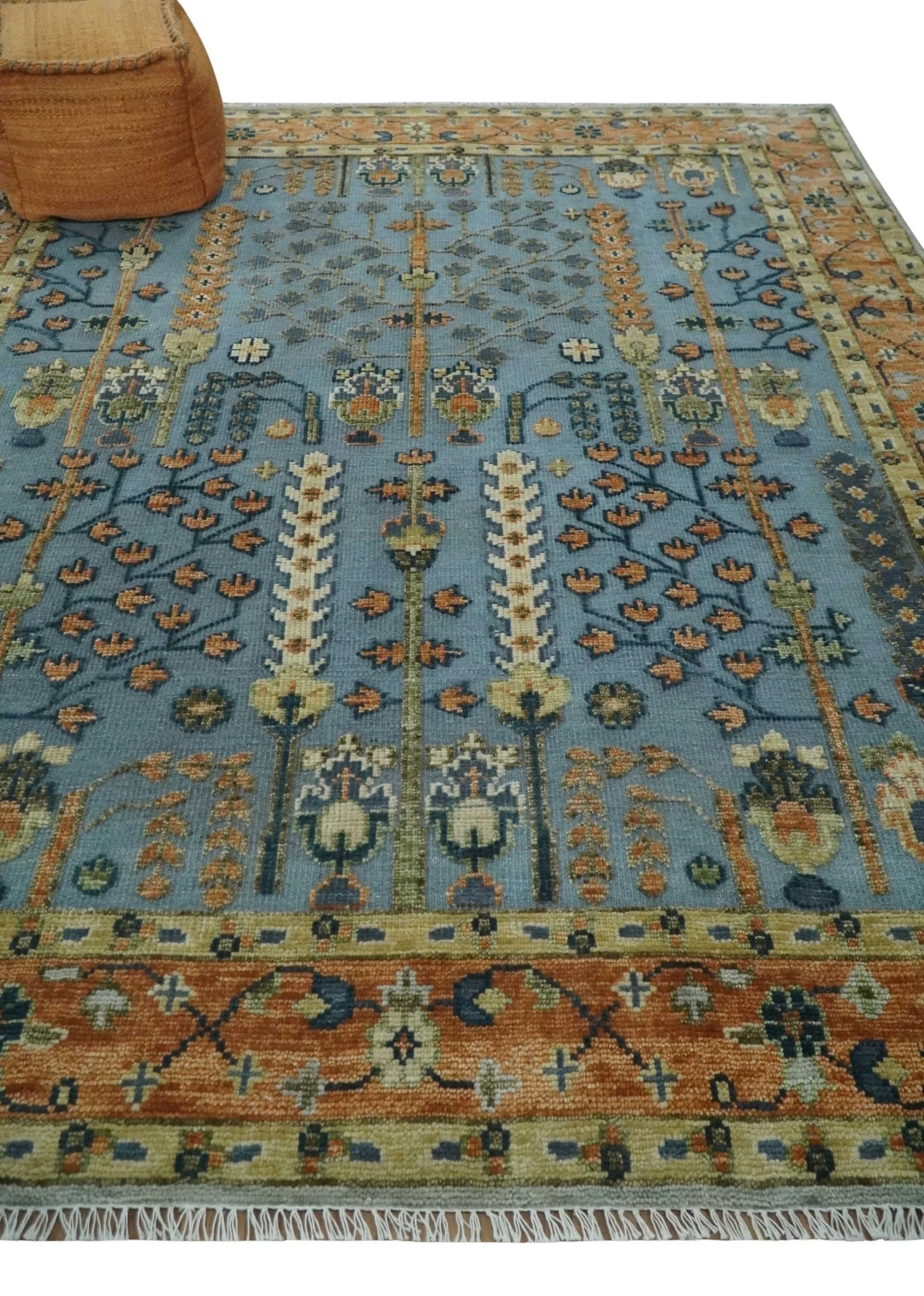 Custom Made Hand Knotted Blue and Rust Tree Design Low pile Wool Area Rug - Image 3
