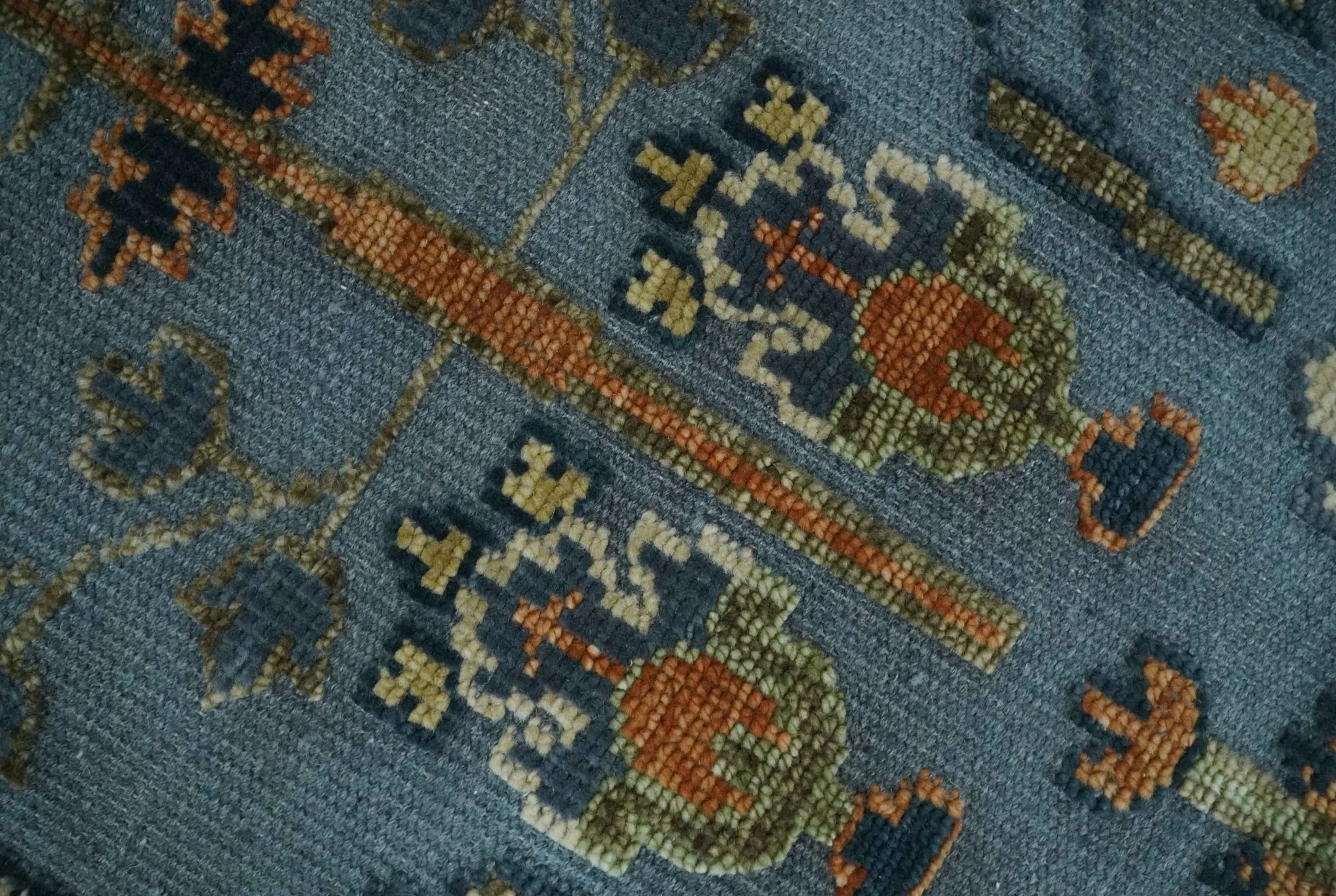 Custom Made Hand Knotted Blue and Rust Tree Design Low pile Wool Area Rug - Image 4
