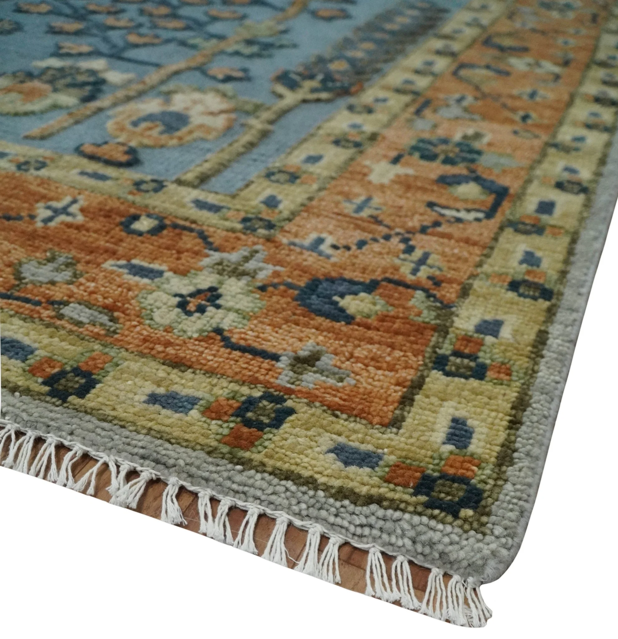 Custom Made Hand Knotted Blue and Rust Tree Design Low pile Wool Area Rug - Image 5