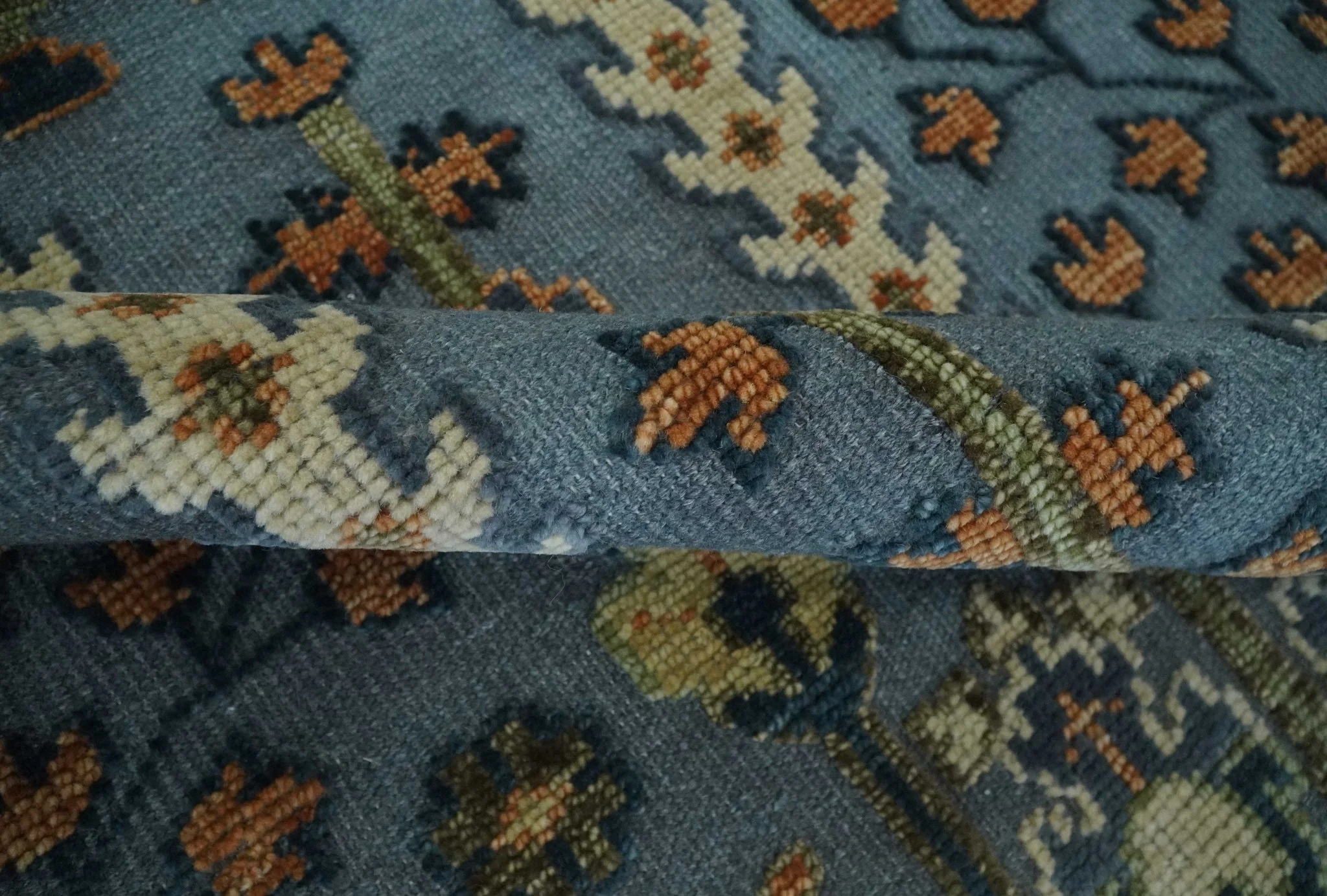 Custom Made Hand Knotted Blue and Rust Tree Design Low pile Wool Area Rug - Image 6