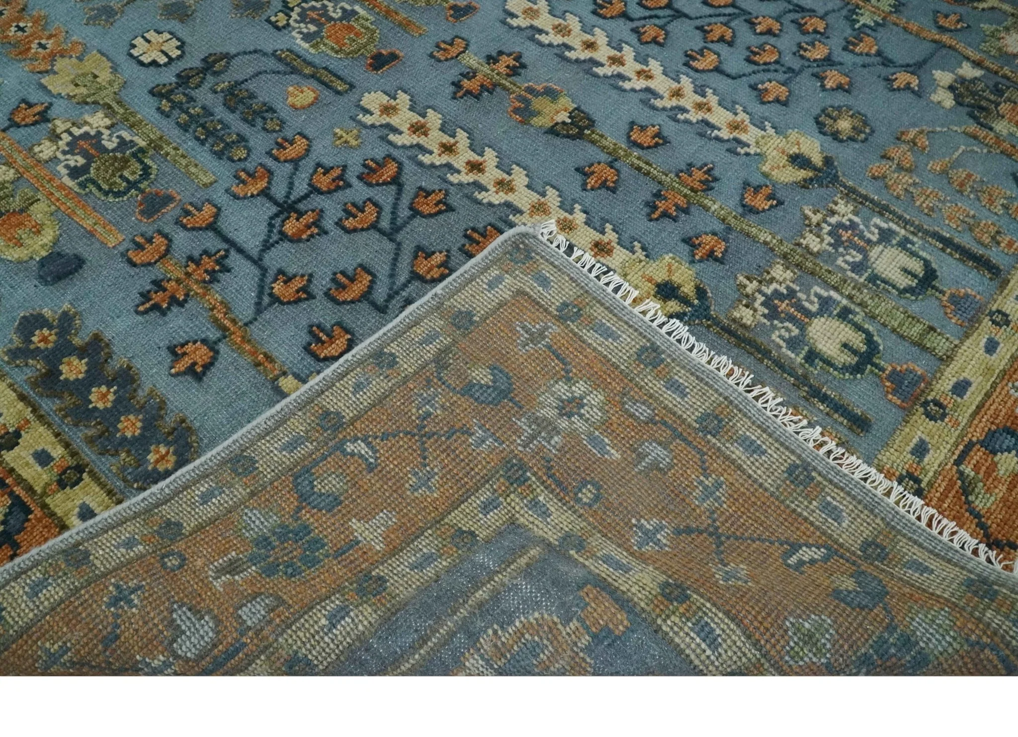 Custom Made Hand Knotted Blue and Rust Tree Design Low pile Wool Area Rug - Image 7