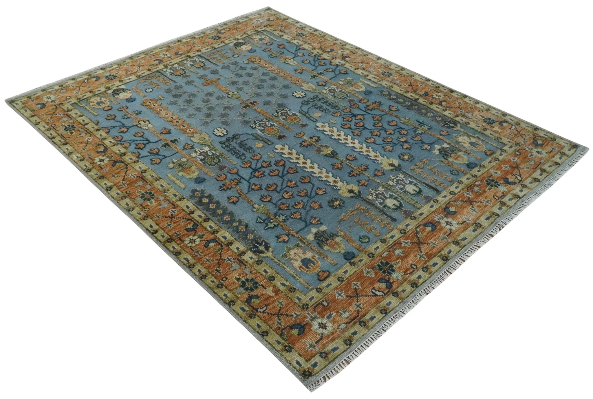 Custom Made Hand Knotted Blue and Rust Tree Design Low pile Wool Area Rug - Image 9