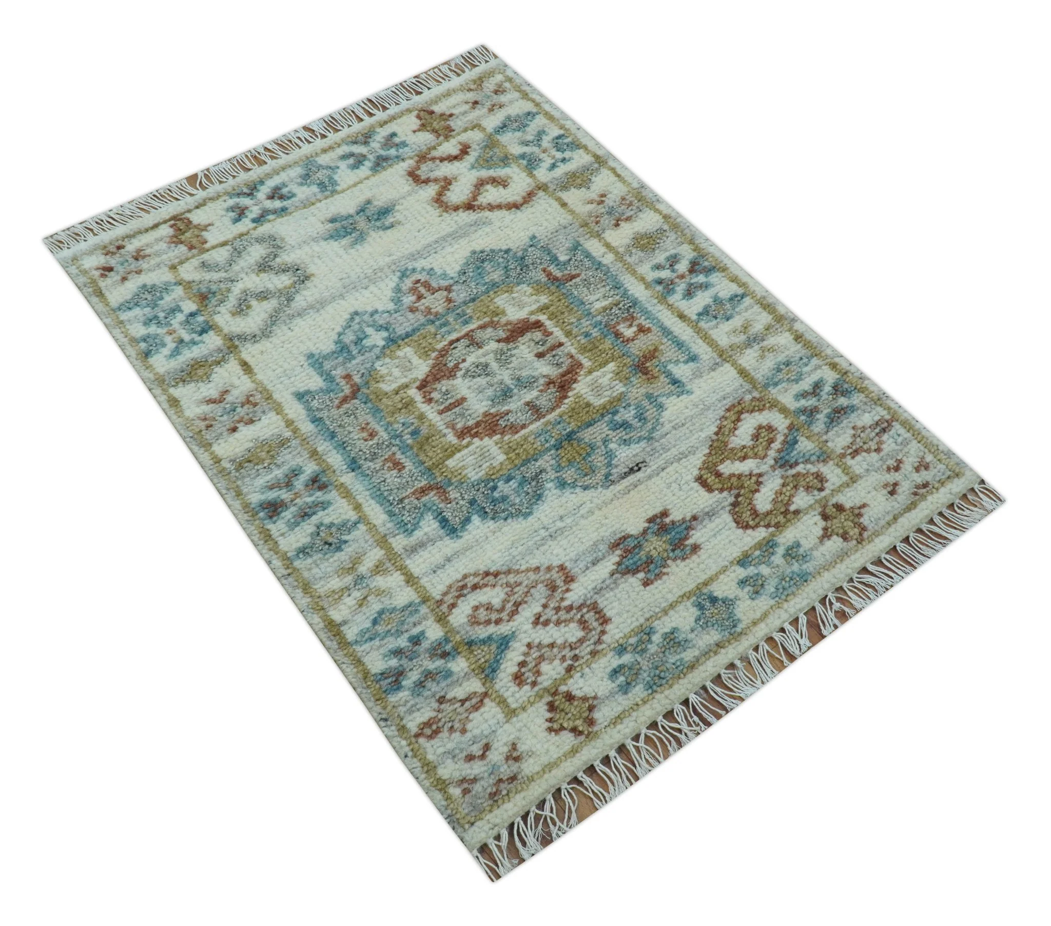 Hand knotted 2x3 Ivory And Blue transitional geometrical Design Wool Area Rug - Image 10