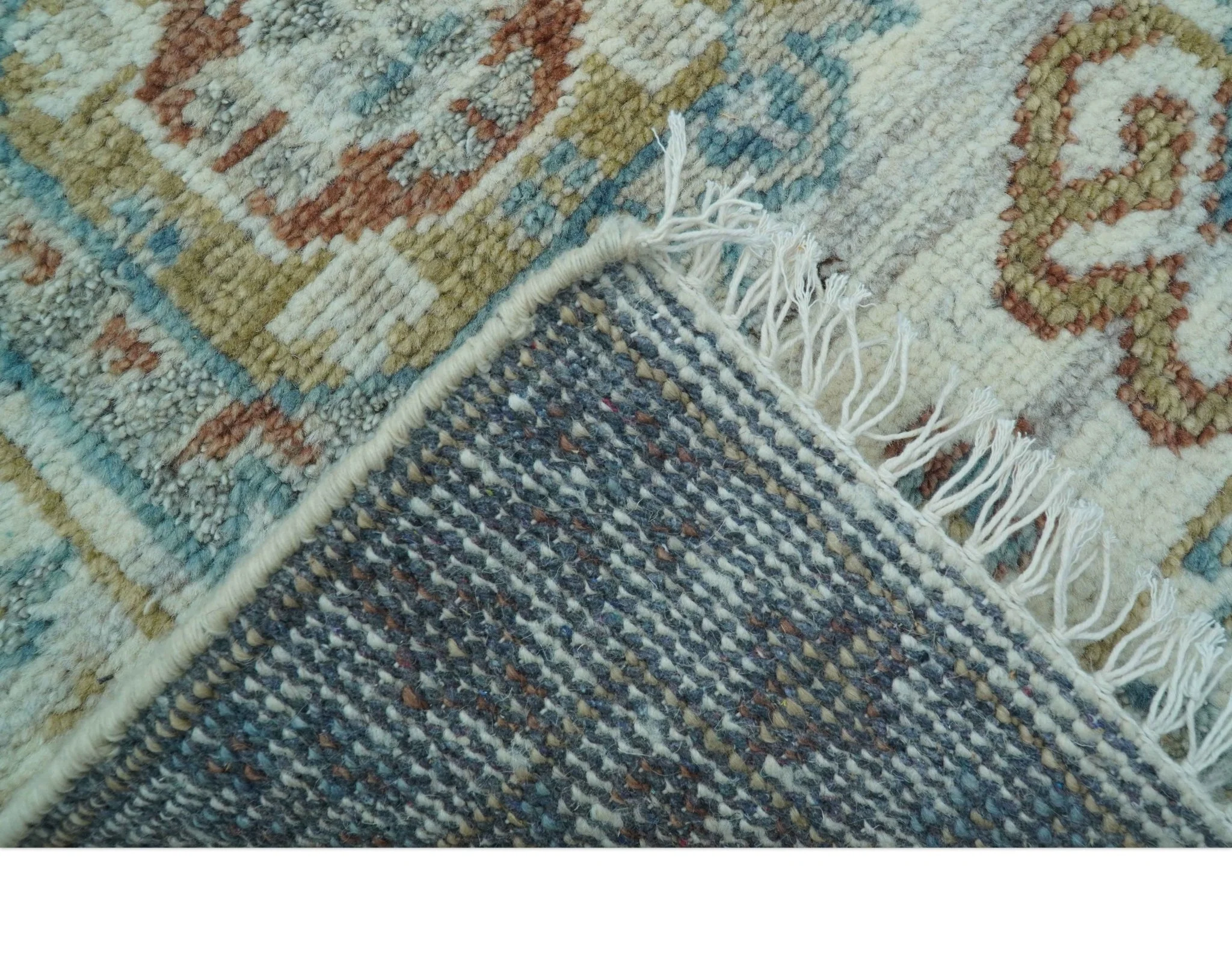 Hand knotted 2x3 Ivory And Blue transitional geometrical Design Wool Area Rug - Image 7