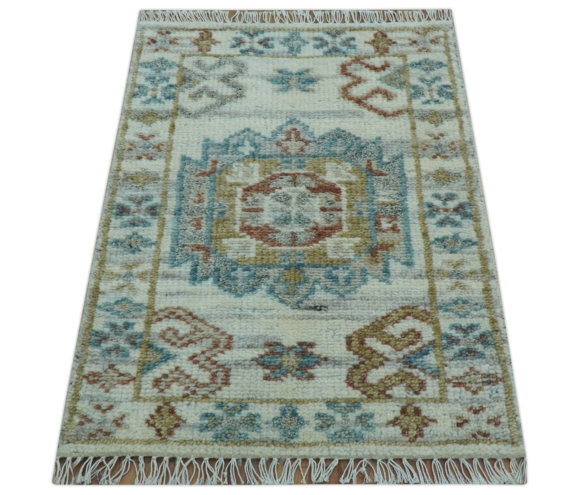 Hand knotted 2x3 Ivory And Blue transitional geometrical Design Wool Area Rug - Image 9