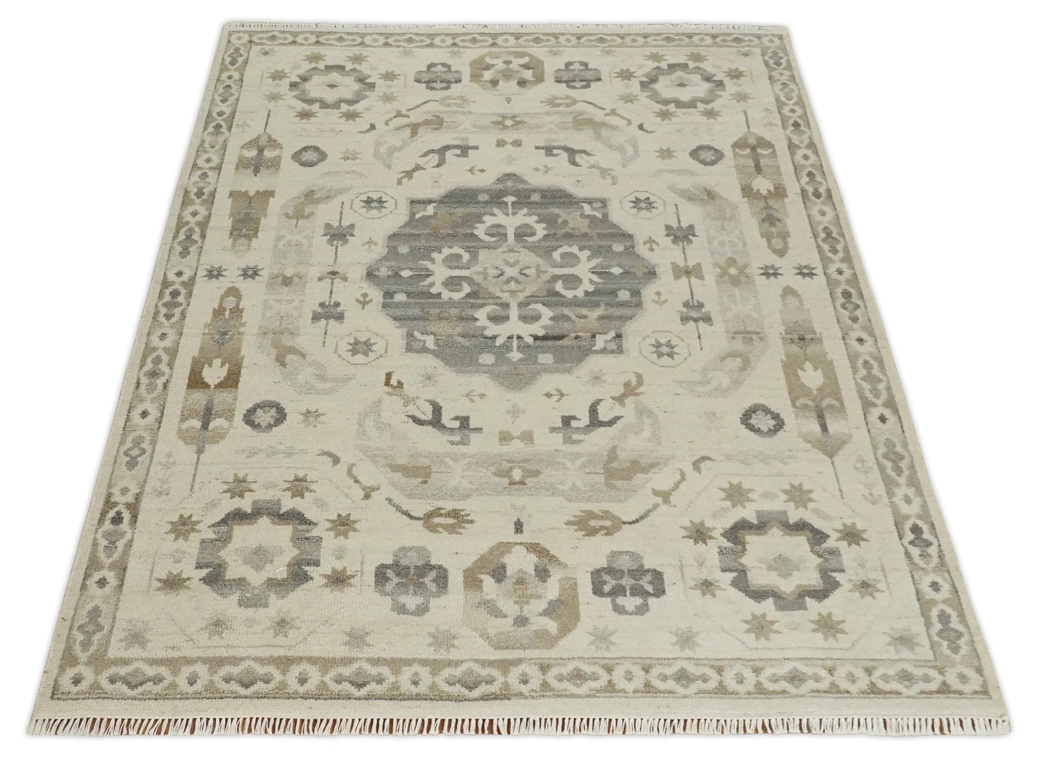 Custom Made Hand Knotted Ivory and Charcoal Medallion Pattern Wool Area Rug - Image 10