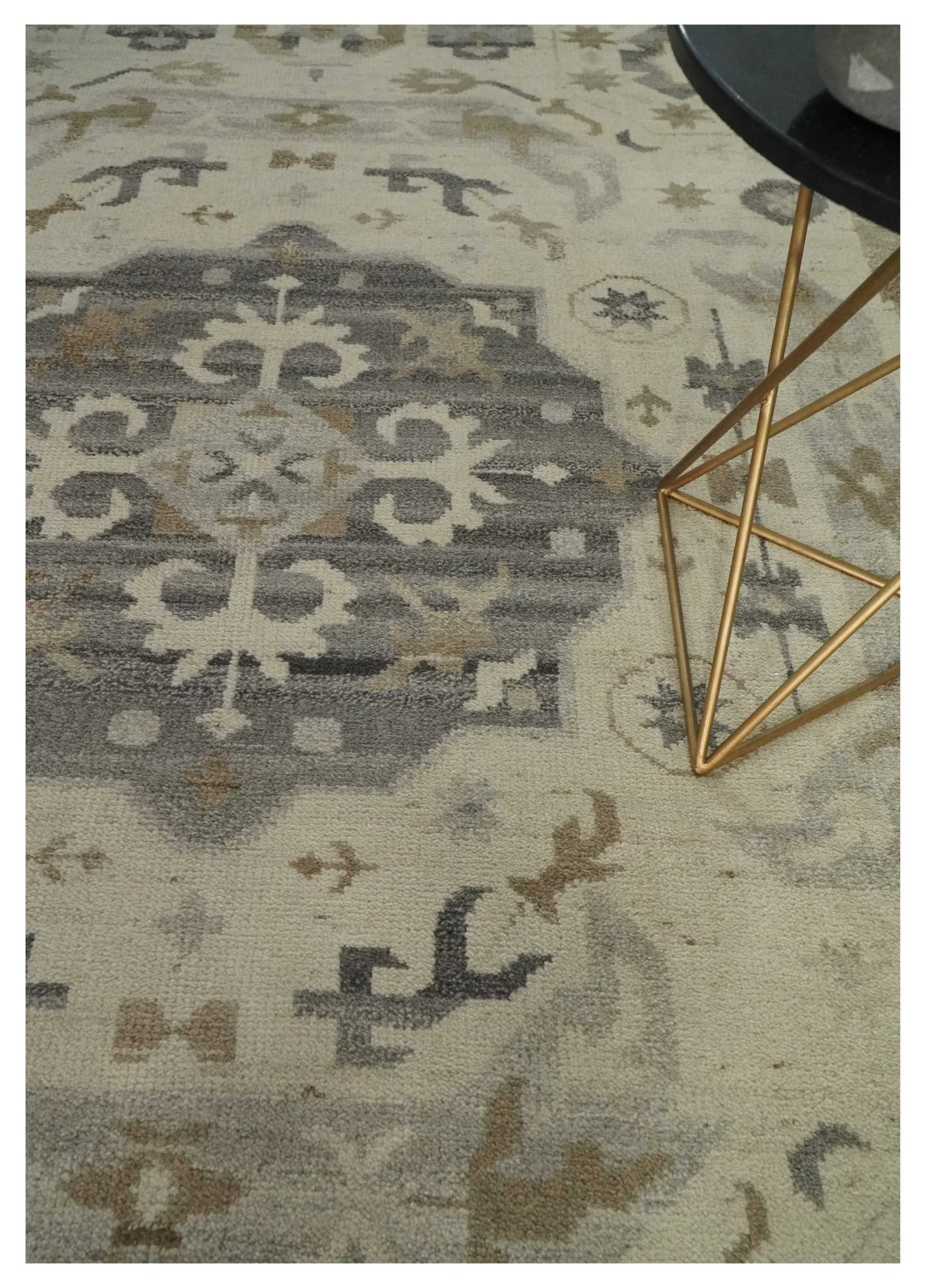 Custom Made Hand Knotted Ivory and Charcoal Medallion Pattern Wool Area Rug - Image 2