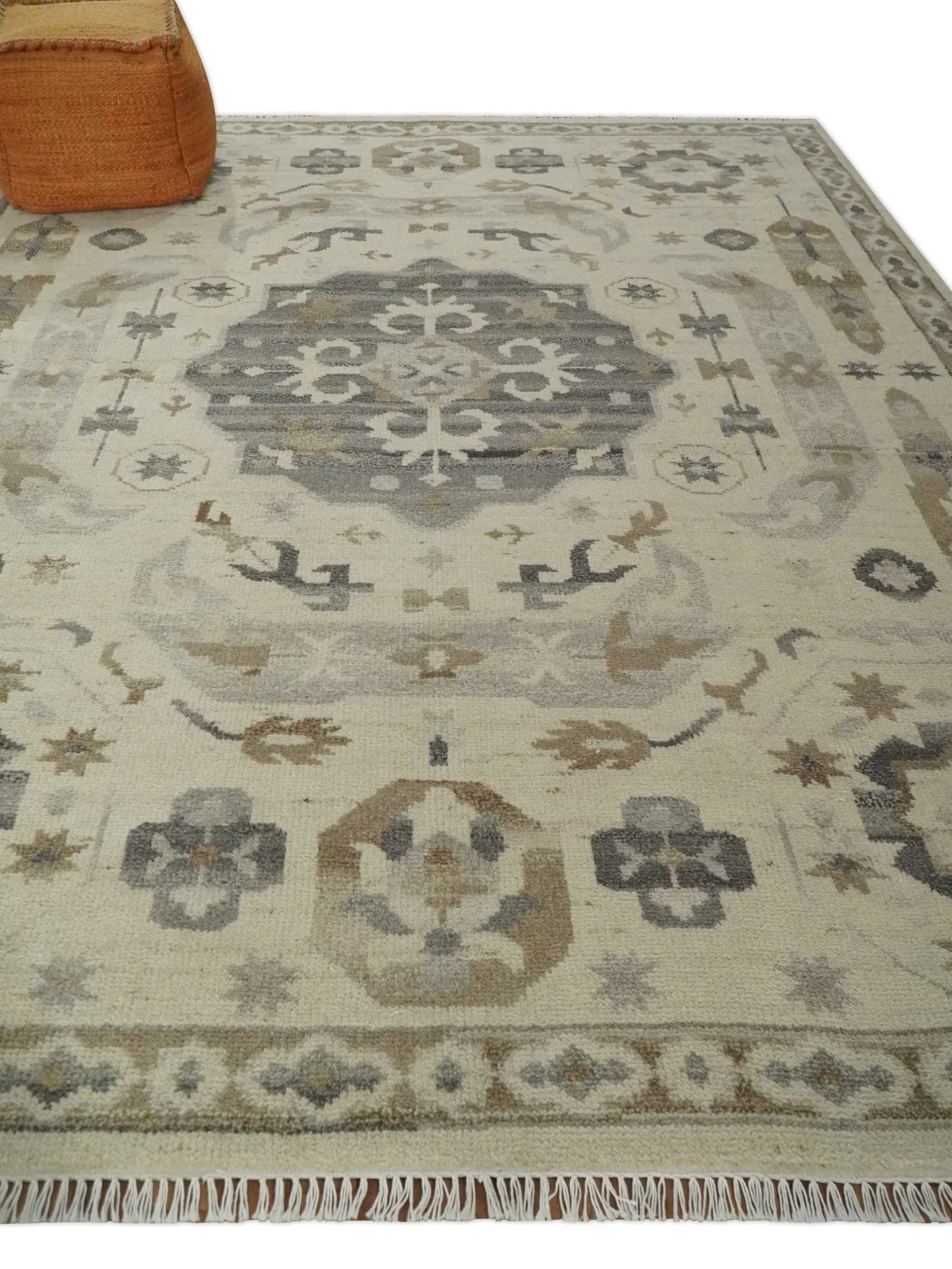 Custom Made Hand Knotted Ivory and Charcoal Medallion Pattern Wool Area Rug - Image 3