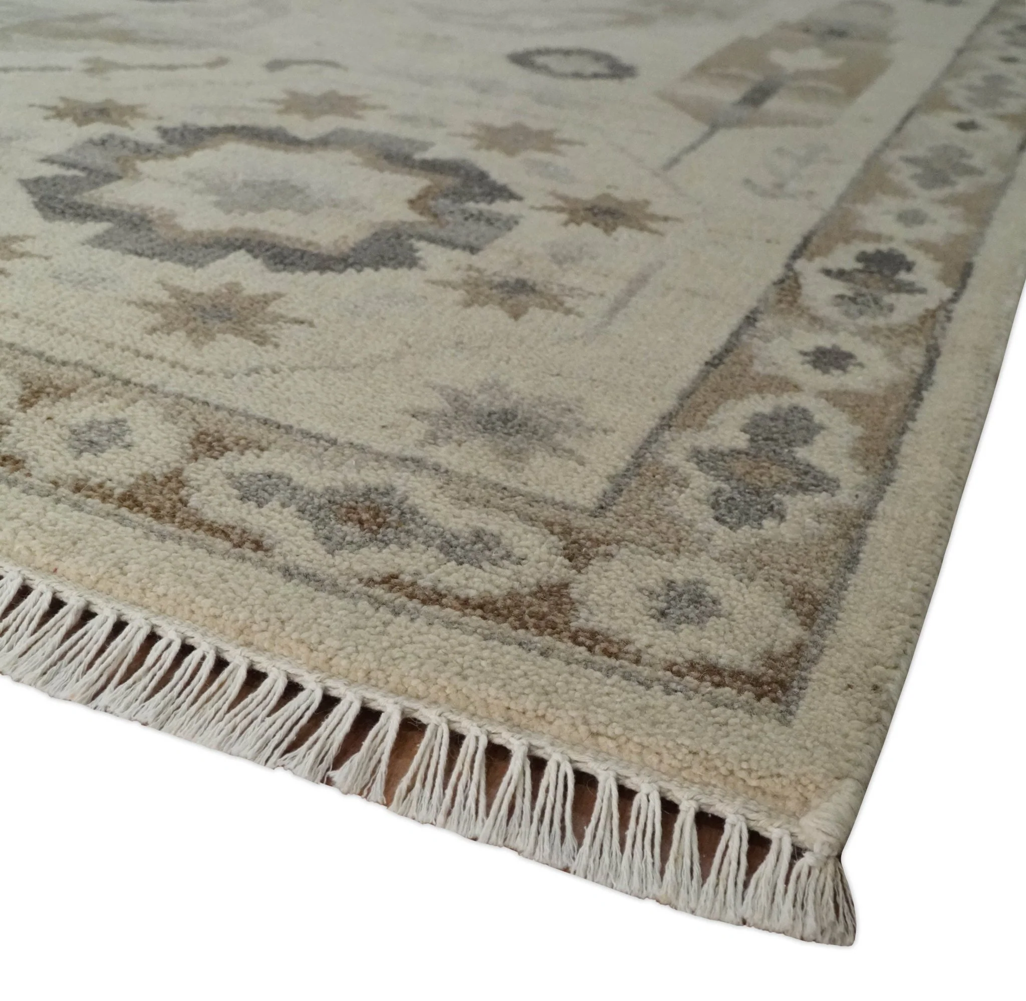 Custom Made Hand Knotted Ivory and Charcoal Medallion Pattern Wool Area Rug - Image 5