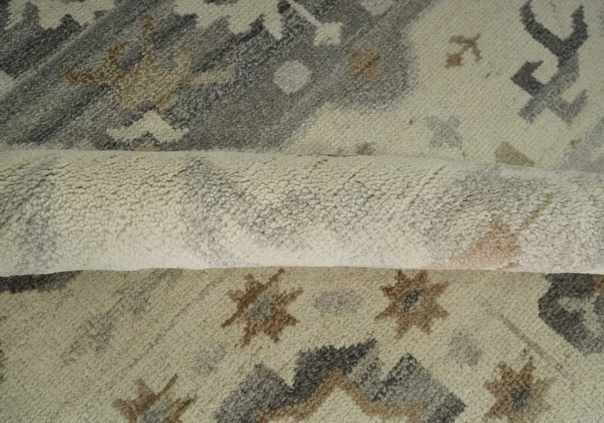 Custom Made Hand Knotted Ivory and Charcoal Medallion Pattern Wool Area Rug - Image 6