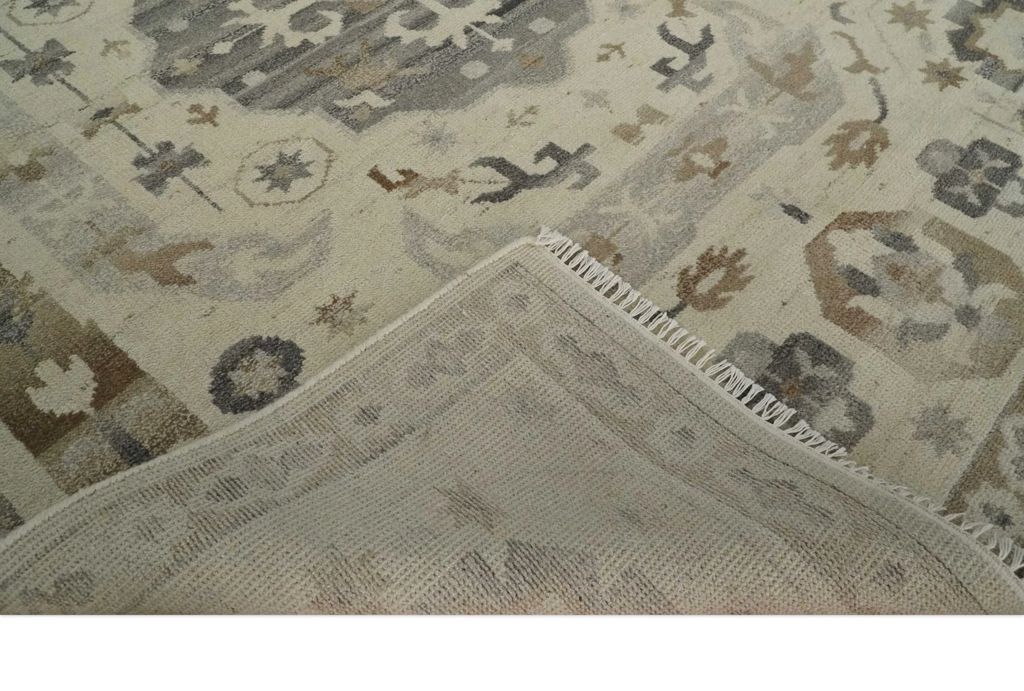 Custom Made Hand Knotted Ivory and Charcoal Medallion Pattern Wool Area Rug - Image 7
