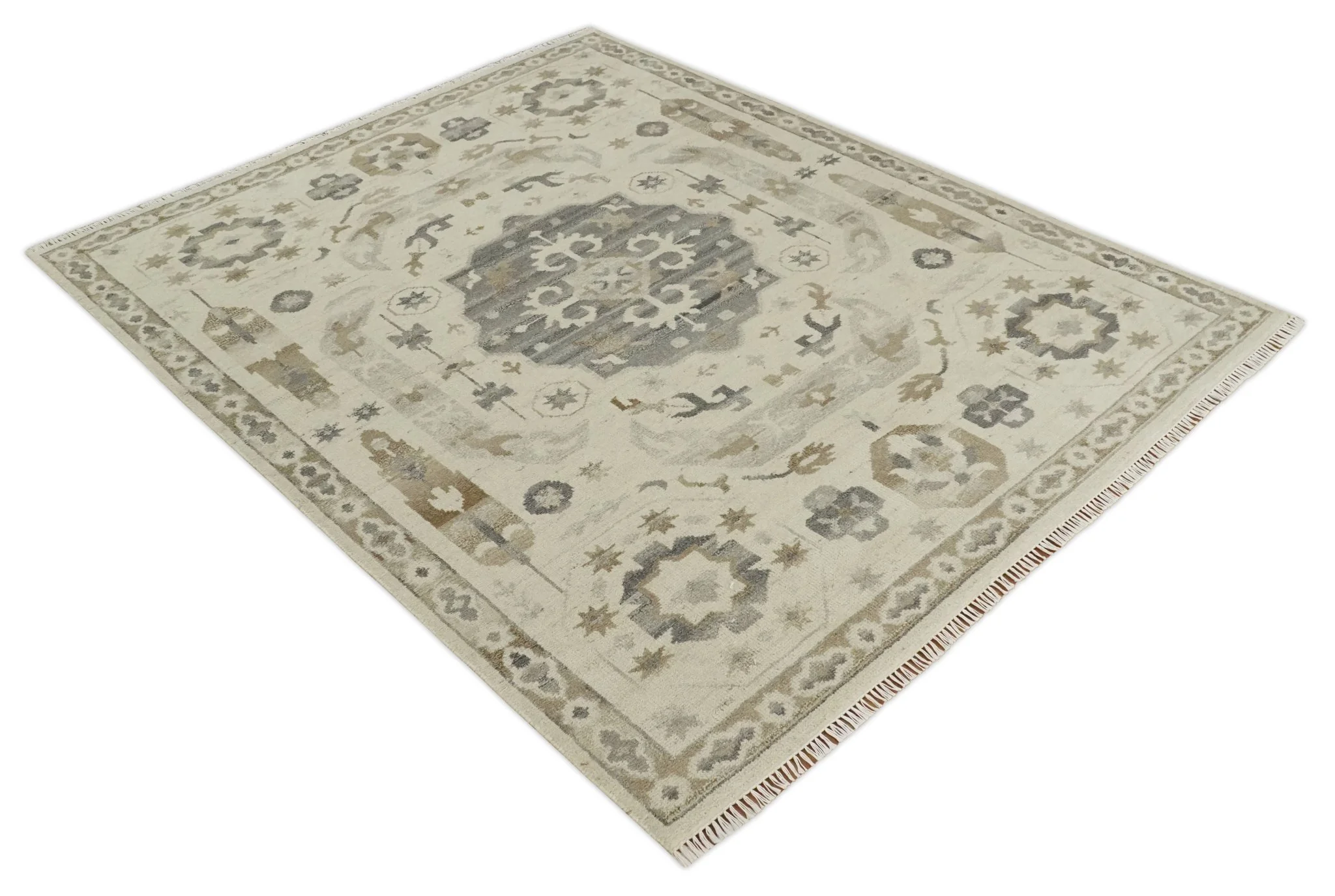 Custom Made Hand Knotted Ivory and Charcoal Medallion Pattern Wool Area Rug - Image 9