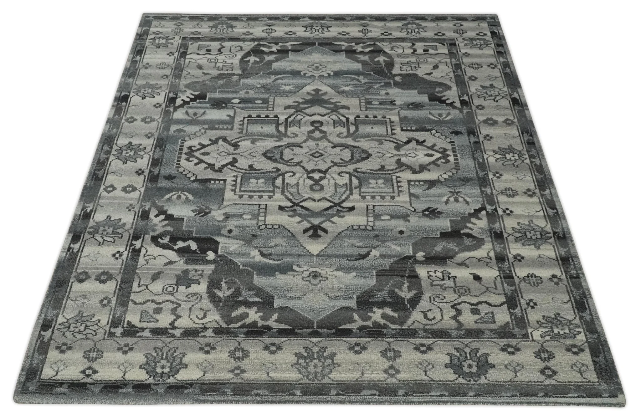 Custom Made Hand Knotted Ivory and Charcoal Traditional Wool Area Rug - Image 10