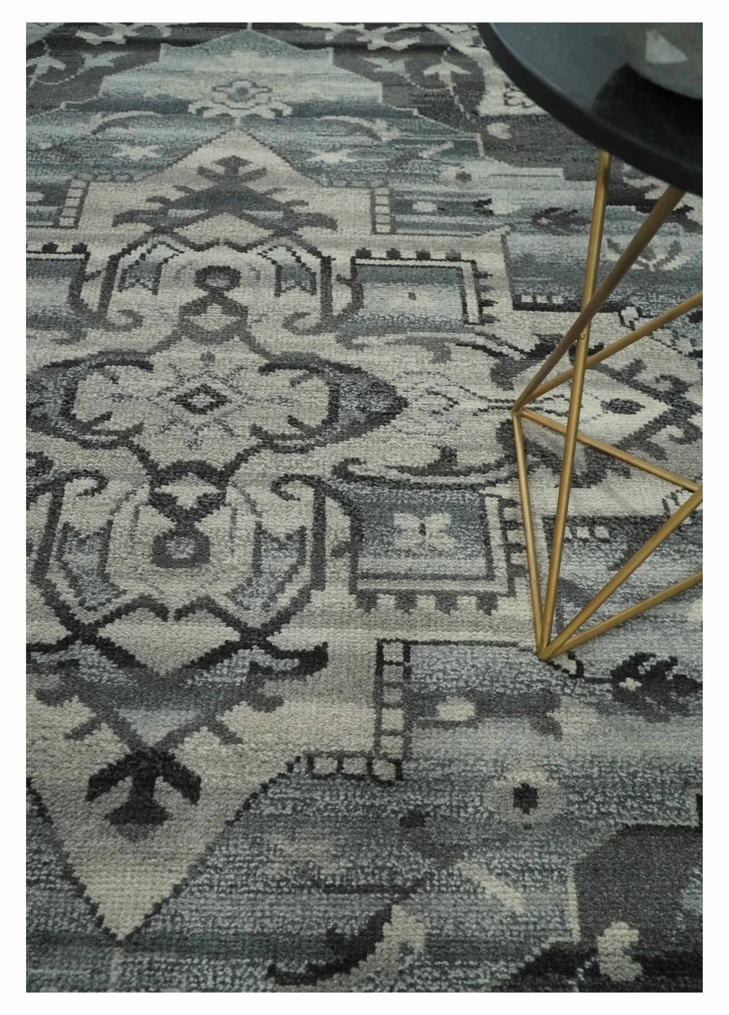 Custom Made Hand Knotted Ivory and Charcoal Traditional Wool Area Rug - Image 2
