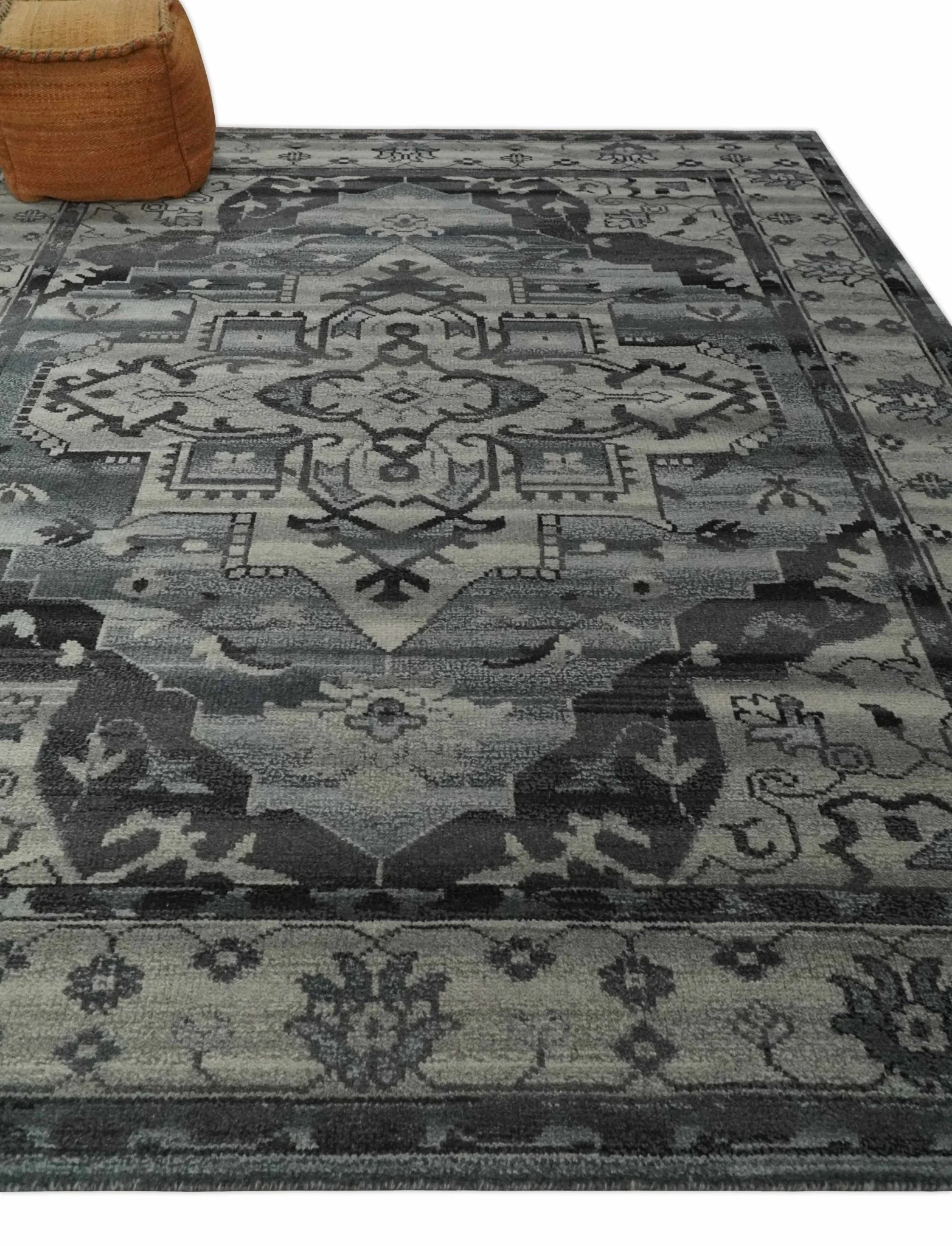 Custom Made Hand Knotted Ivory and Charcoal Traditional Wool Area Rug - Image 3