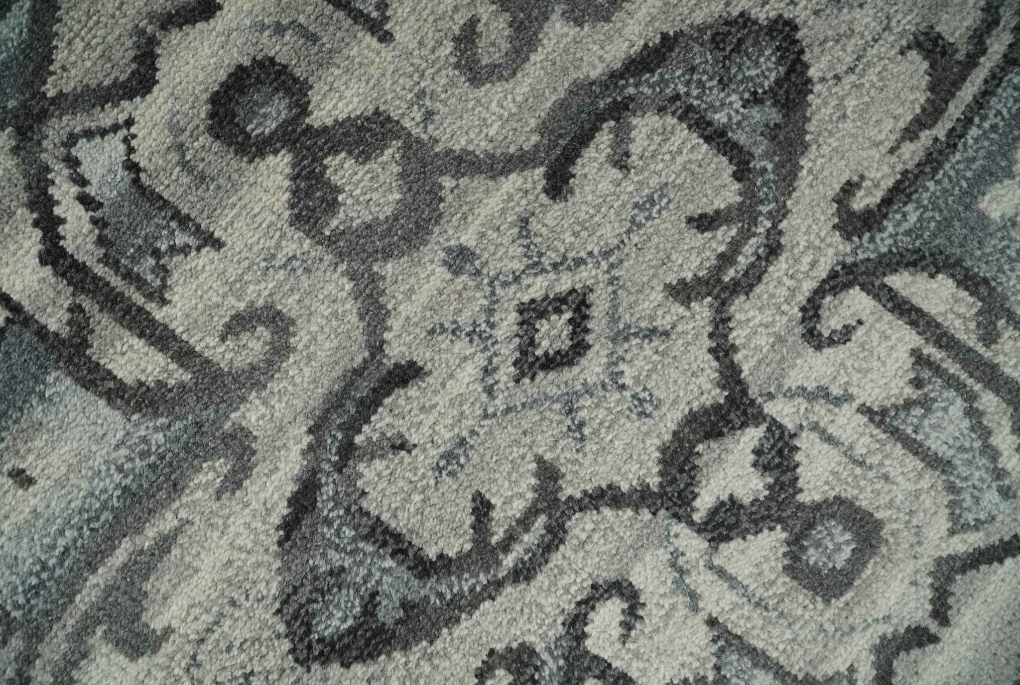 Custom Made Hand Knotted Ivory and Charcoal Traditional Wool Area Rug - Image 4