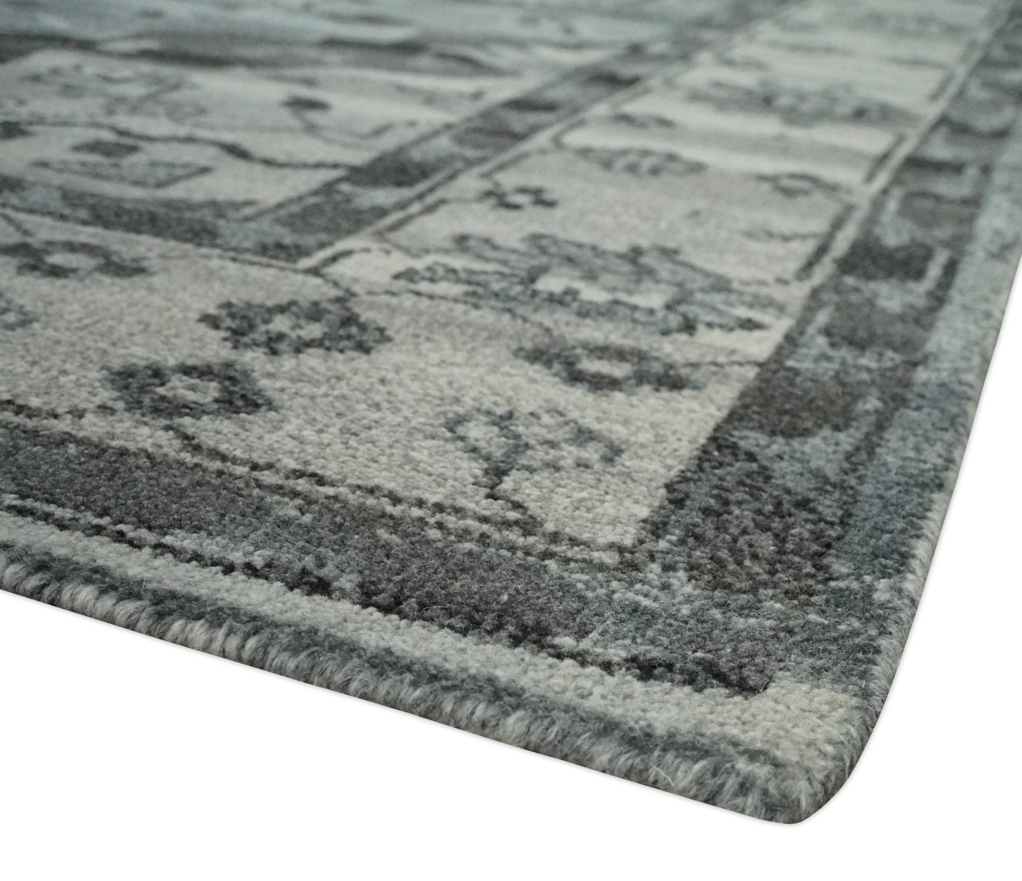 Custom Made Hand Knotted Ivory and Charcoal Traditional Wool Area Rug - Image 5