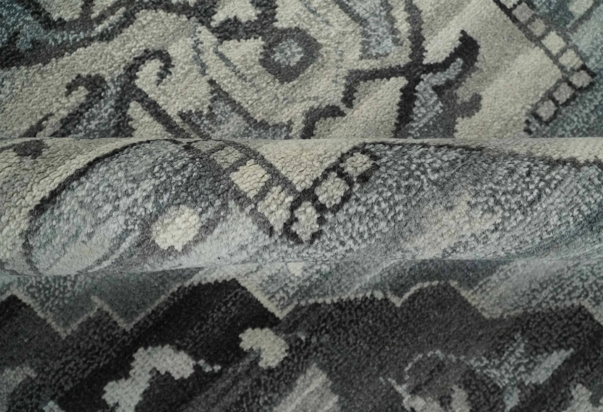 Custom Made Hand Knotted Ivory and Charcoal Traditional Wool Area Rug - Image 6