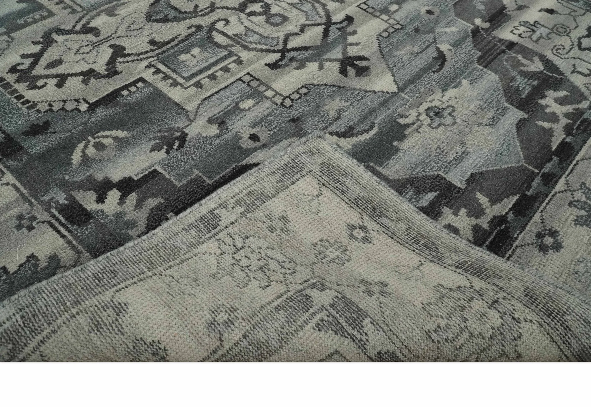 Custom Made Hand Knotted Ivory and Charcoal Traditional Wool Area Rug - Image 7