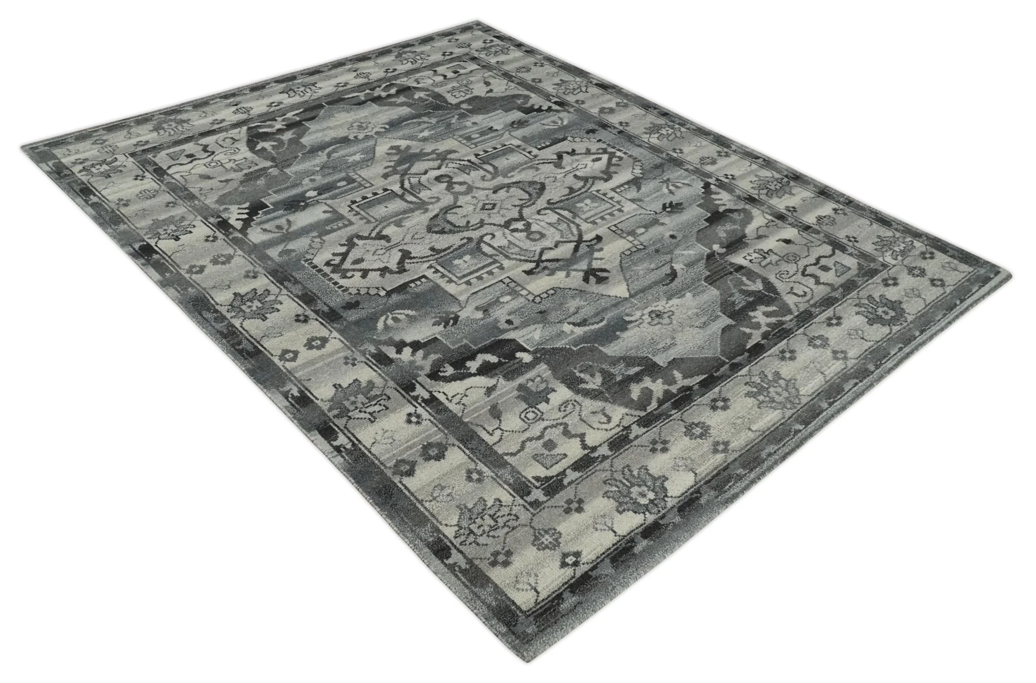 Custom Made Hand Knotted Ivory and Charcoal Traditional Wool Area Rug - Image 9
