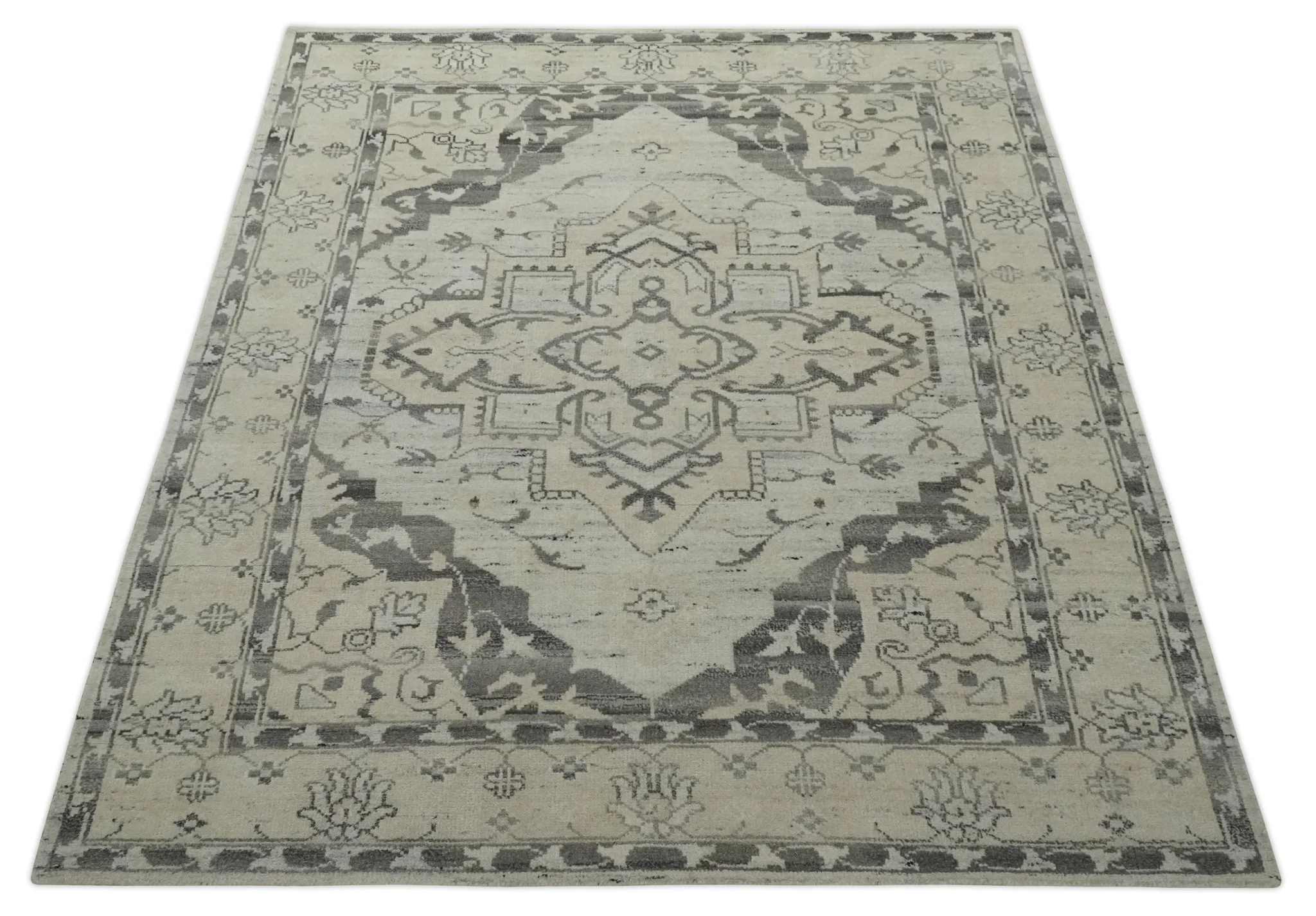 Hand Knotted Earthy Neutral Serapi Wool Rug, Charcoal, Beige and Ivory - Image 10