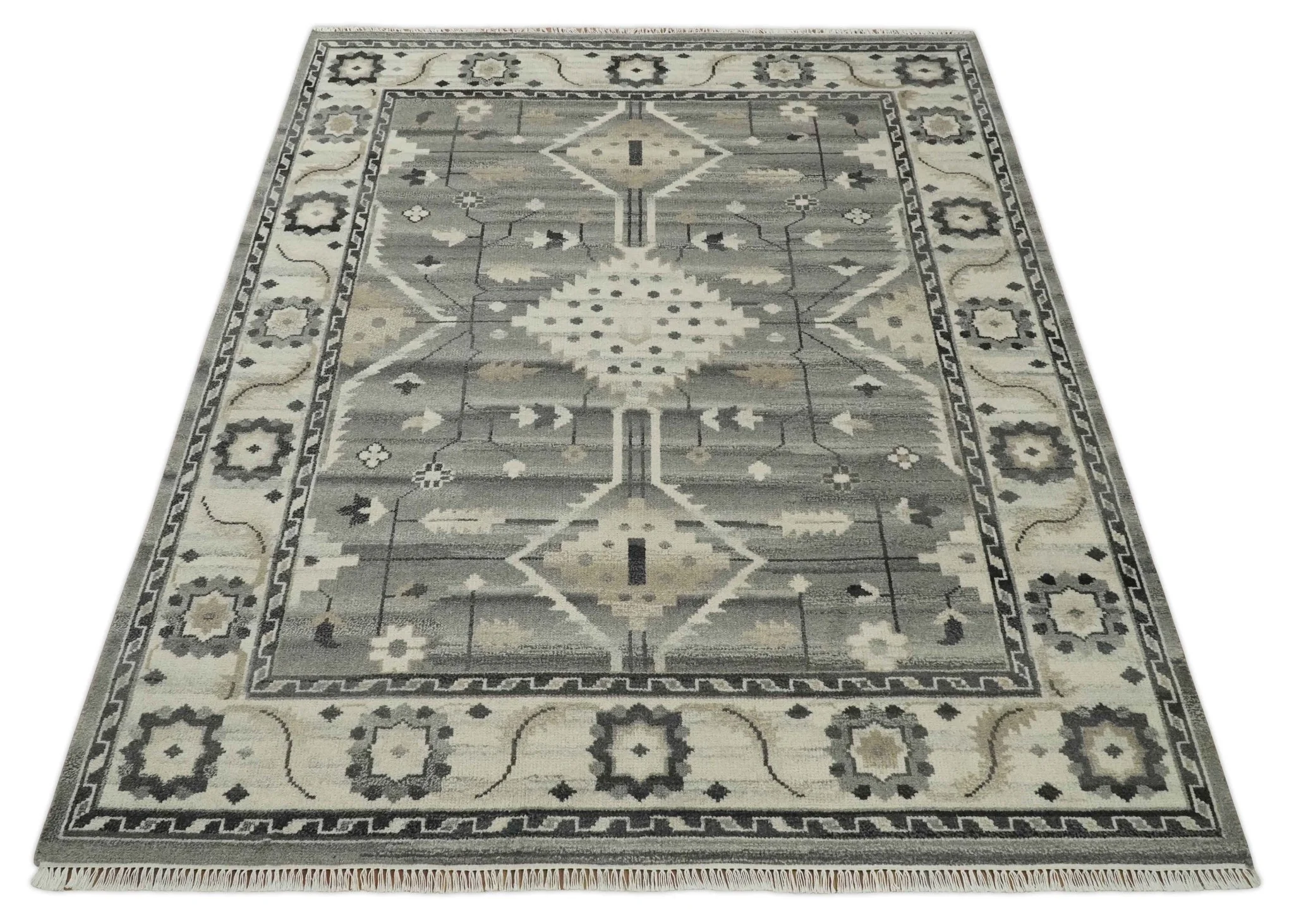 Hand Knotted Ivory and Gray Traditional Tribal Natural Wool Custom Made wool Area Rug, Kids, Living Room and Bedroom Rug - Image 10