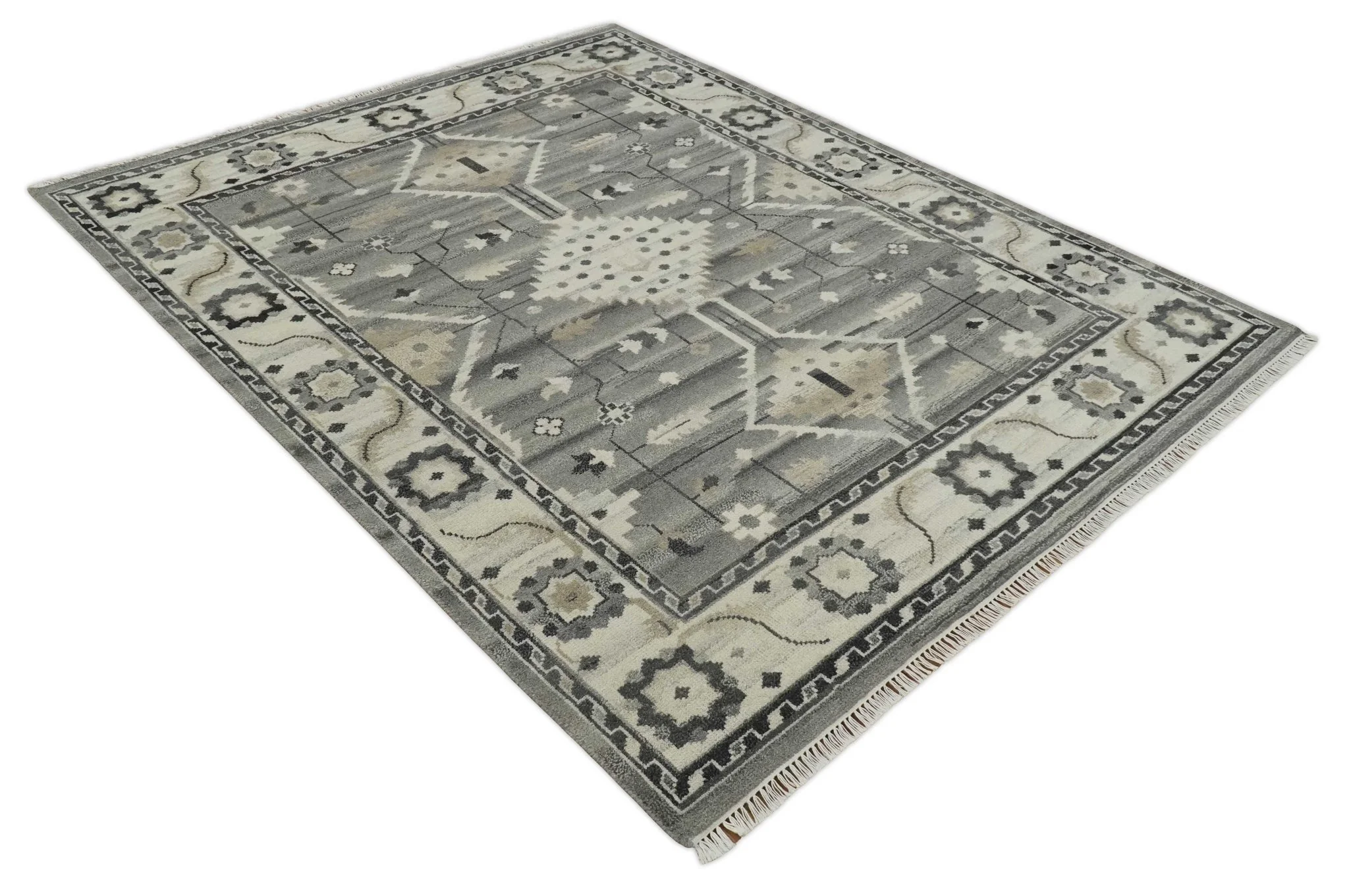 Hand Knotted Ivory and Gray Traditional Tribal Natural Wool Custom Made wool Area Rug, Kids, Living Room and Bedroom Rug - Image 9
