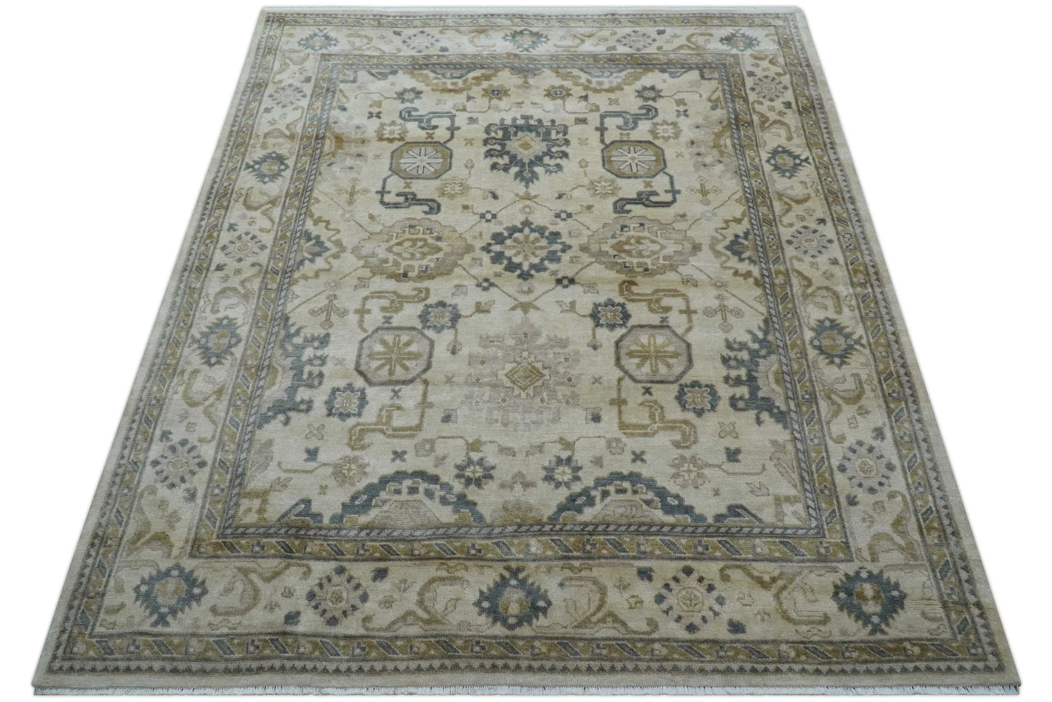 Hand Knotted Ivory And Gray Traditional Oushak Design 8x10 Wool Rug - Image 11