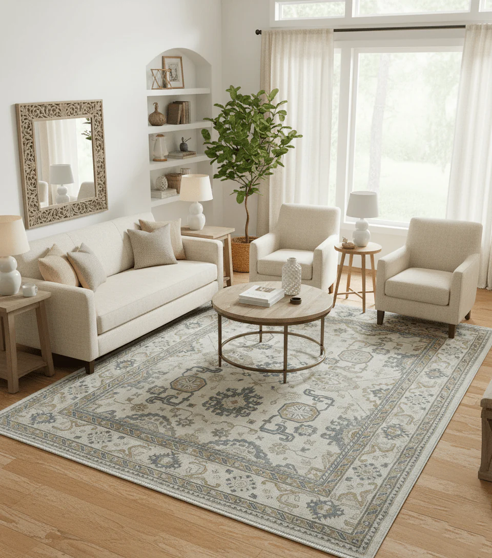Hand Knotted Ivory And Gray Traditional Oushak Design 8x10 Wool Rug - Image 2