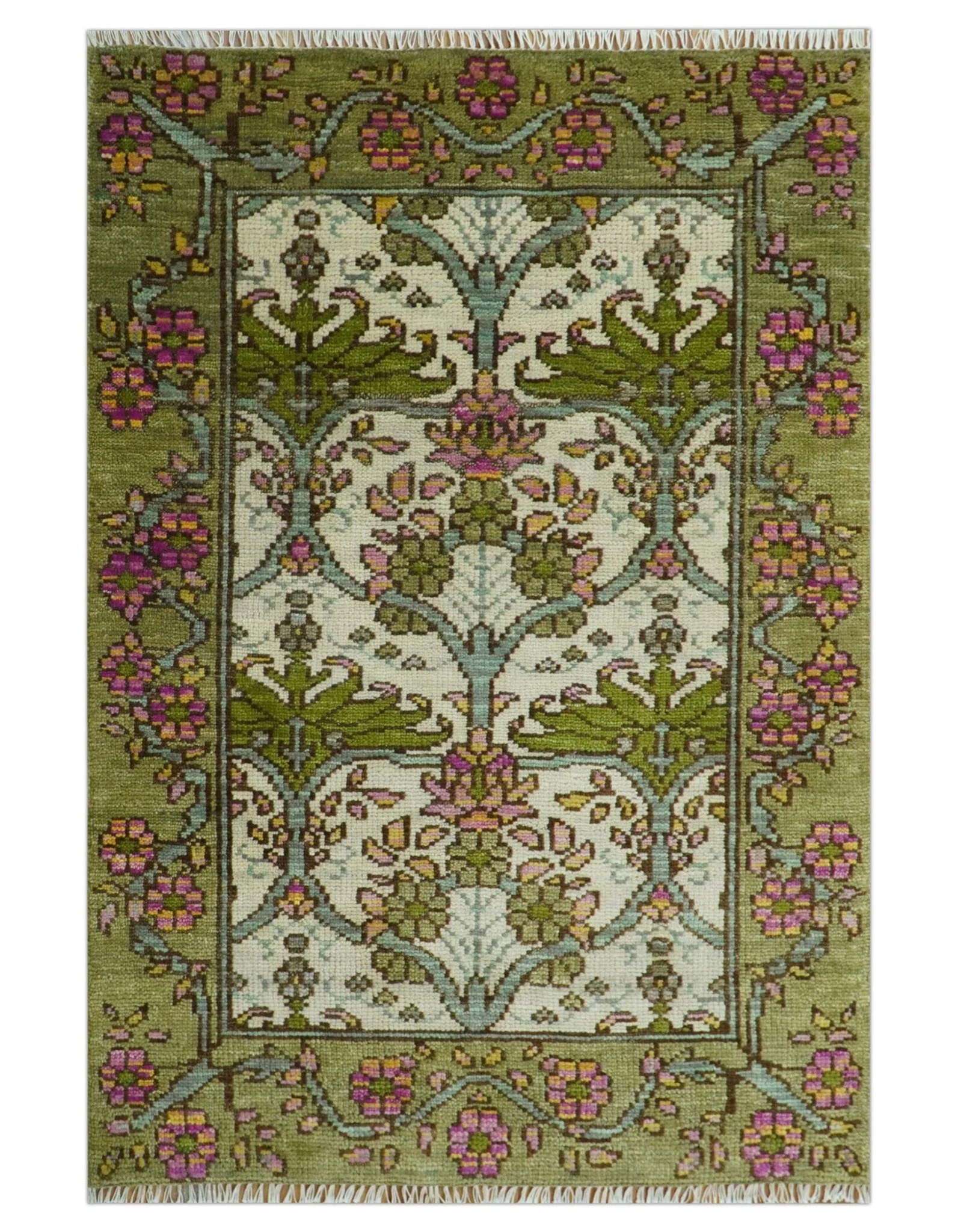 Custom Made Hand Knotted Ivory and Green Floral Traditional Antique Style Wool Area Rug - Image 11