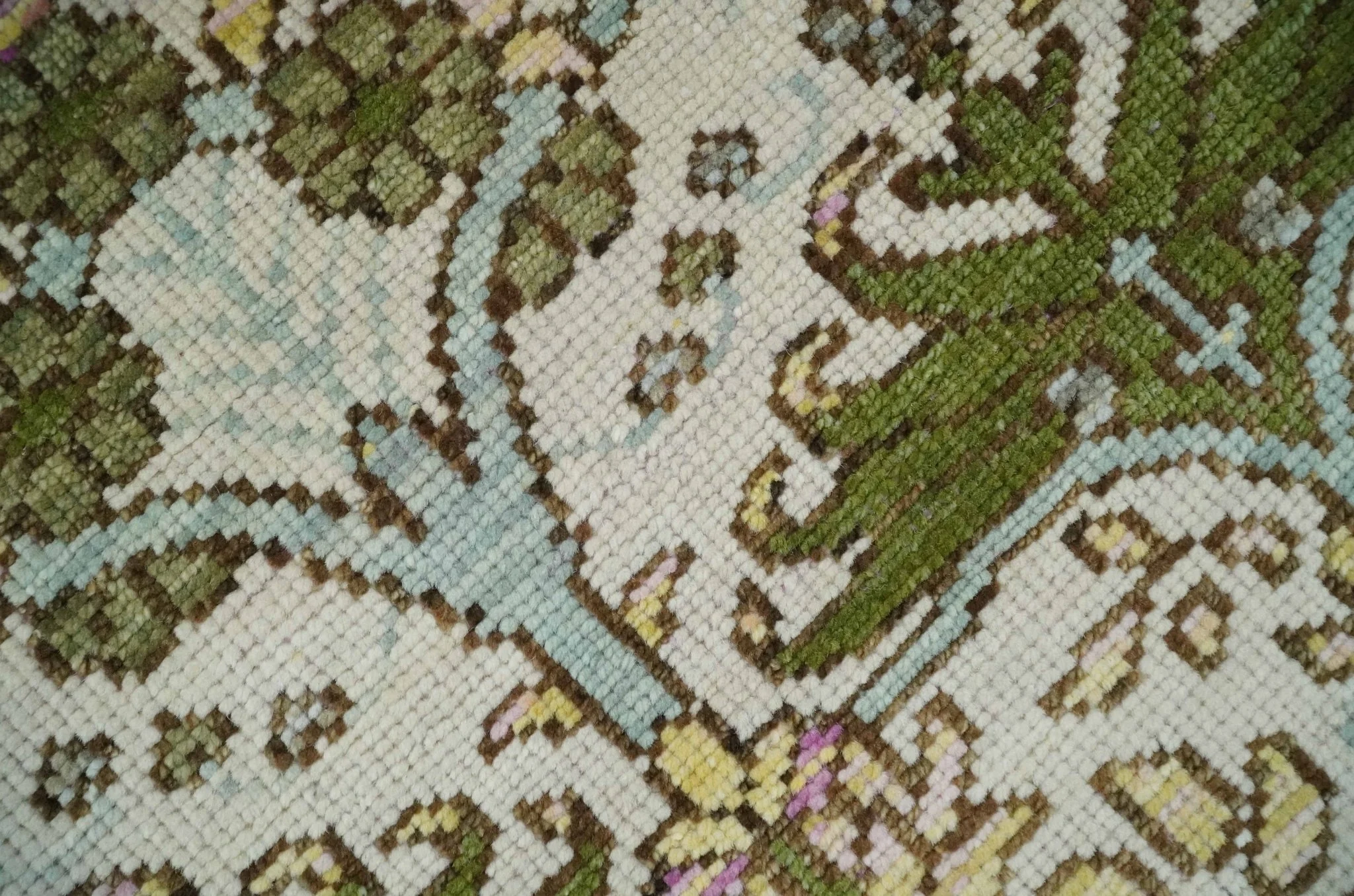 Custom Made Hand Knotted Ivory and Green Floral Traditional Antique Style Wool Area Rug - Image 4