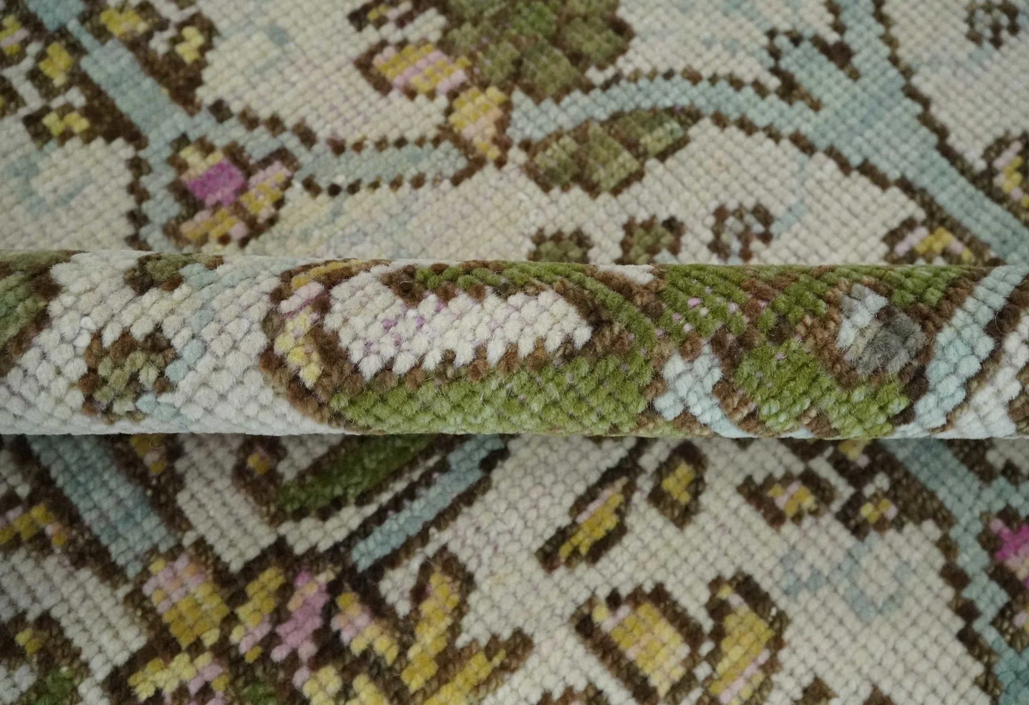Custom Made Hand Knotted Ivory and Green Floral Traditional Antique Style Wool Area Rug - Image 6