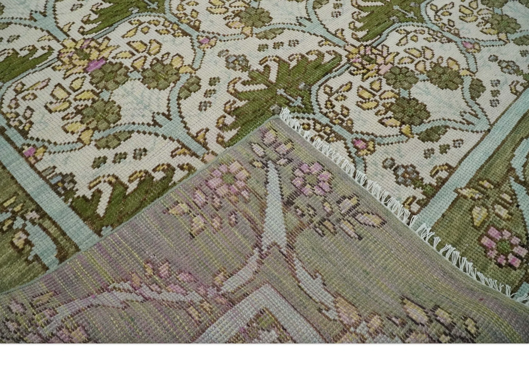 Custom Made Hand Knotted Ivory and Green Floral Traditional Antique Style Wool Area Rug - Image 7